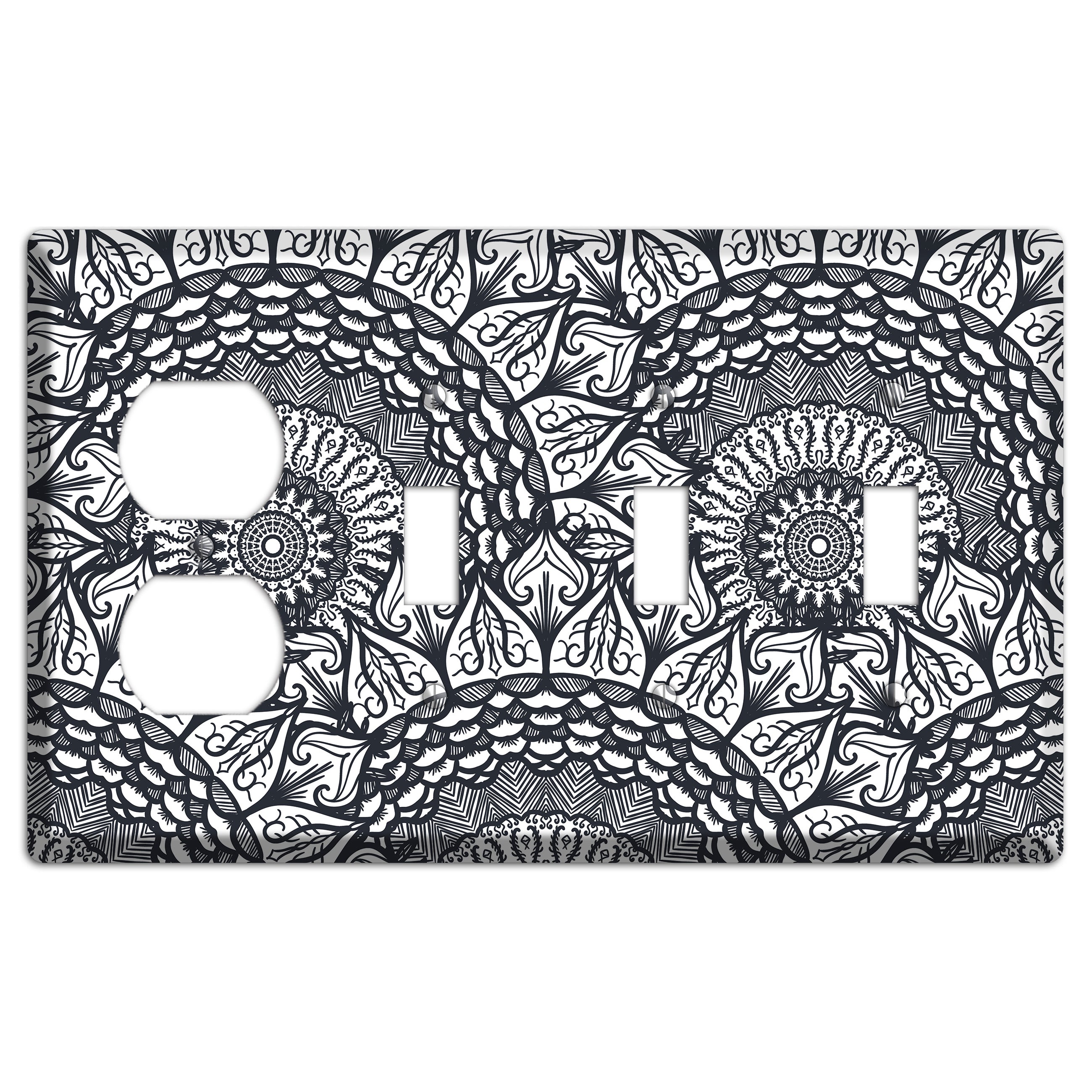 Mandala Black and White Style L Cover Plates Duplex / 3 Toggle Wallplate
