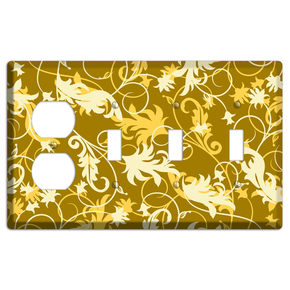 Brown and Tan Victorian Sprig Duplex / 3 Toggle Wallplate