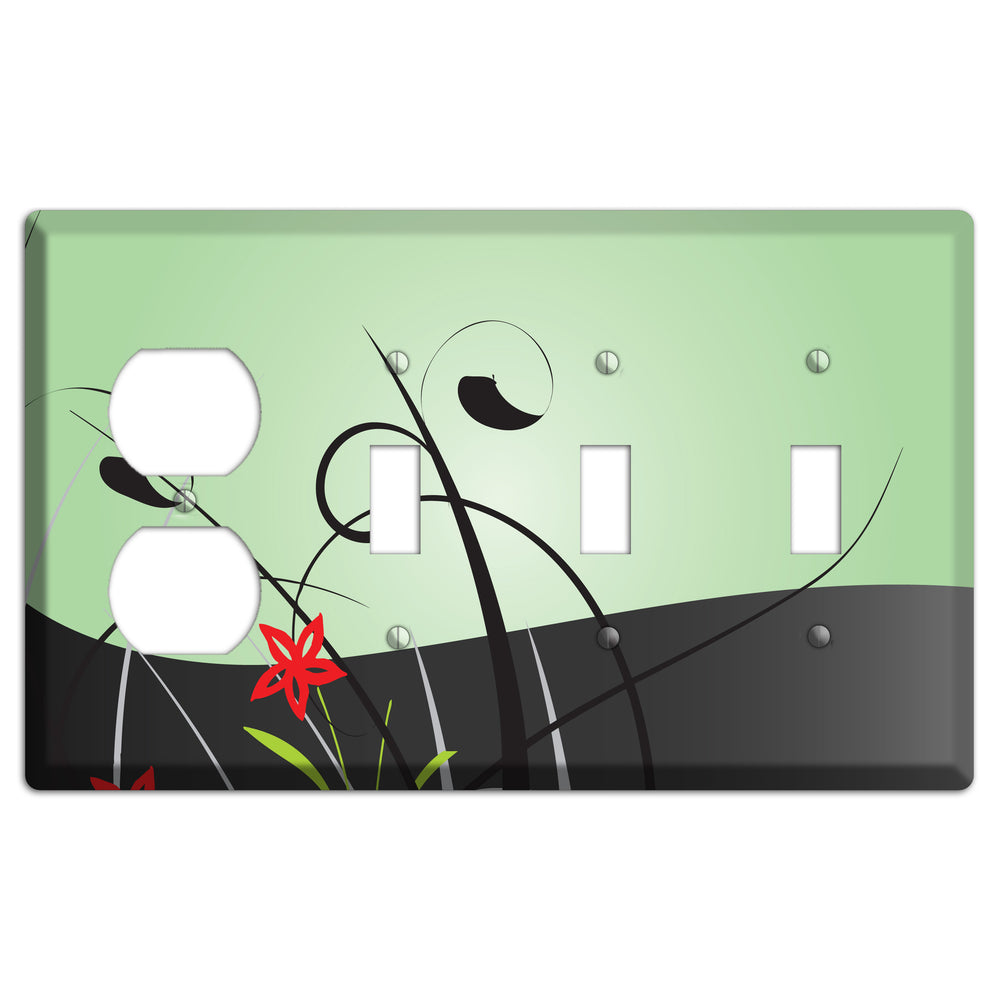 Mint Green Floral Sprig Duplex / 3 Toggle Wallplate