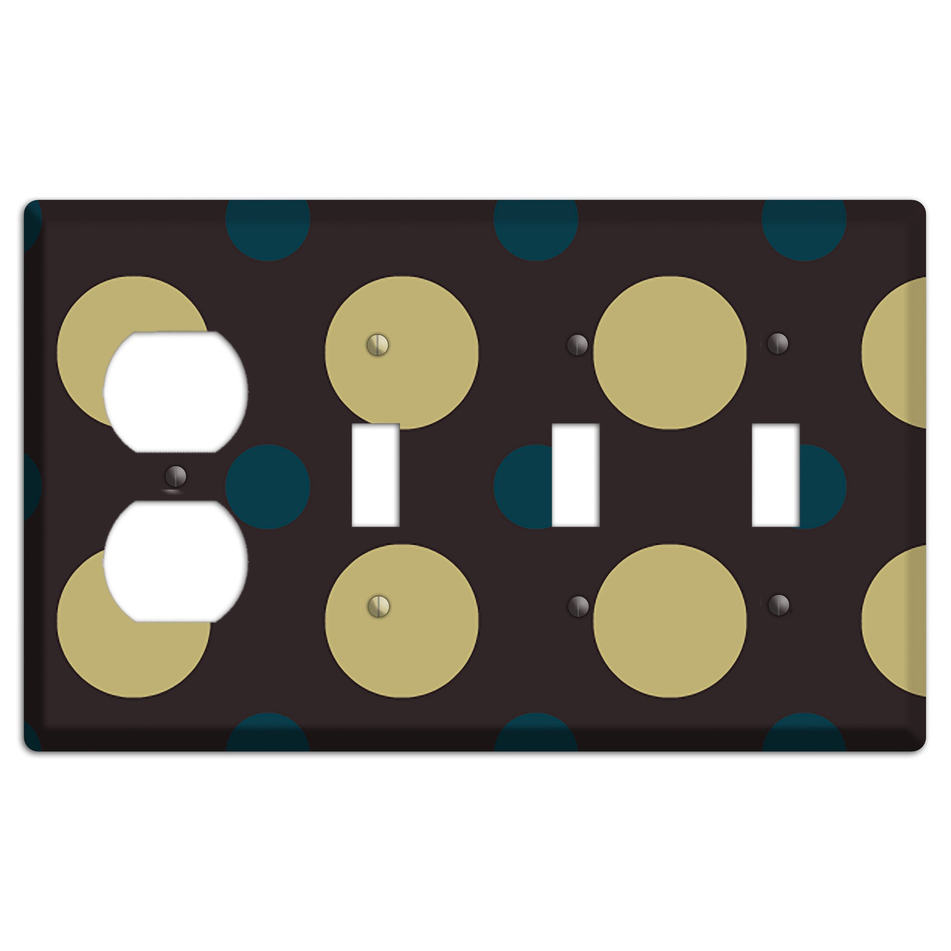 Brown with Olive and Dark Aqua Multi Polka Dots Duplex / 3 Toggle Wallplate