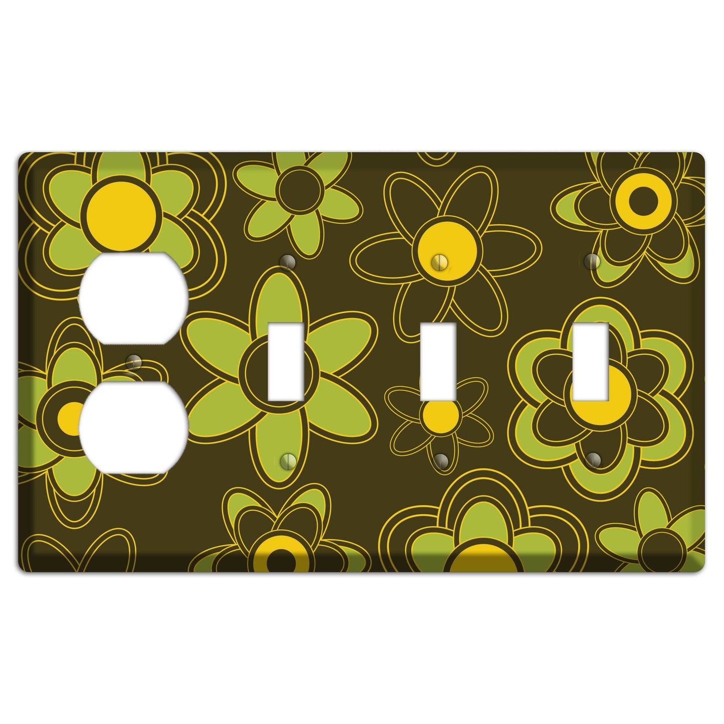 Brown with Lime Retro Floral Contour Duplex / 3 Toggle Wallplate