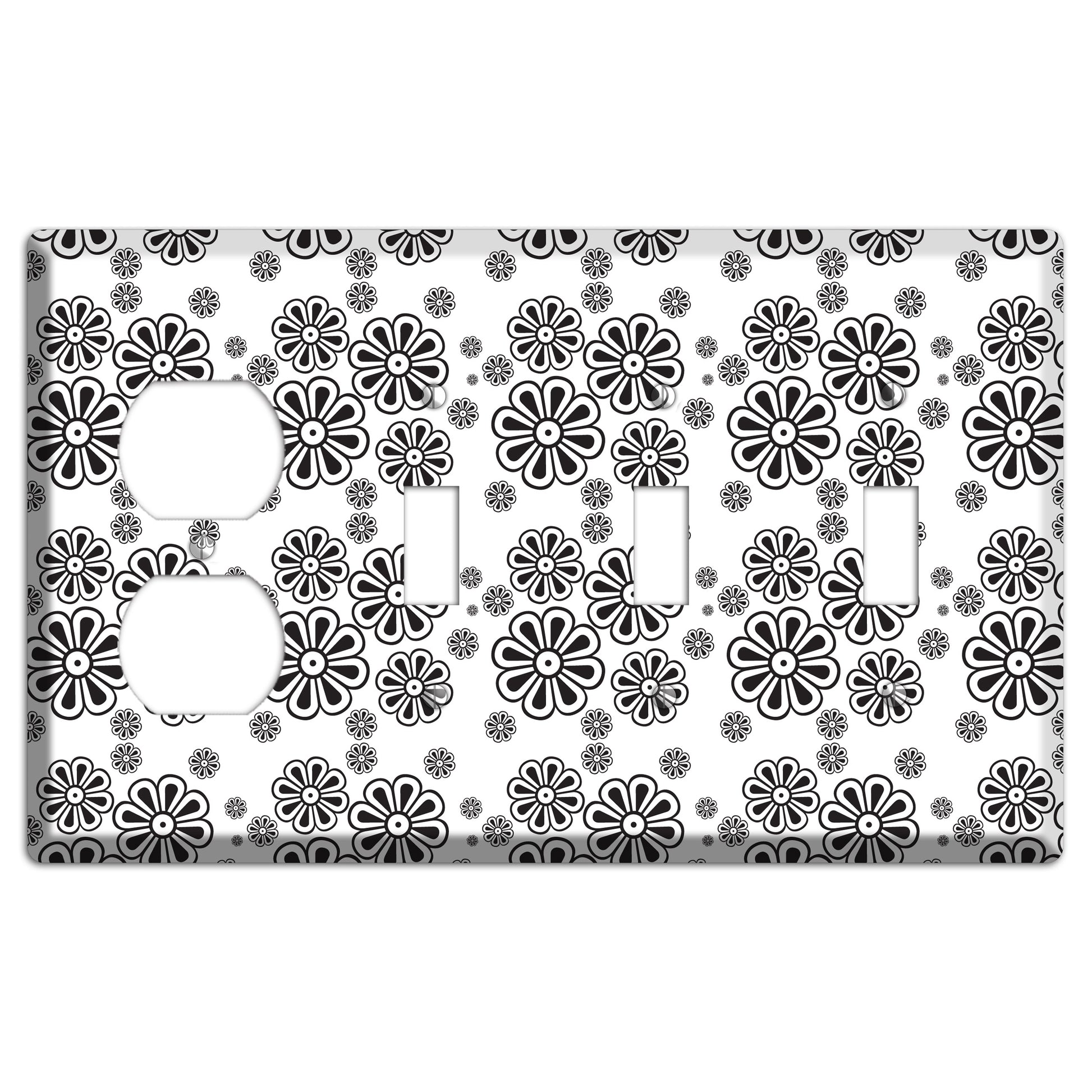 White With Black Small Retro Floral Contour Duplex / 3 Toggle Wallplate