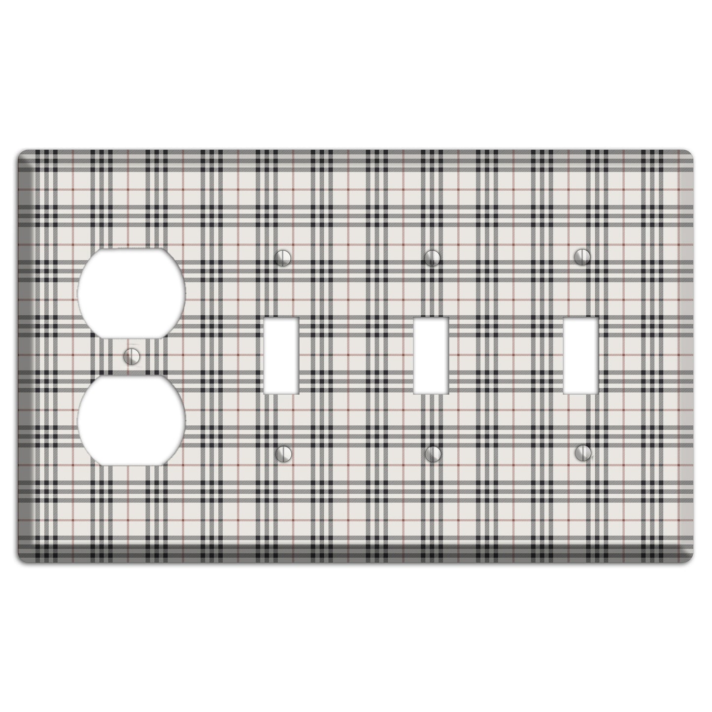 White and Black Plaid Duplex / 3 Toggle Wallplate
