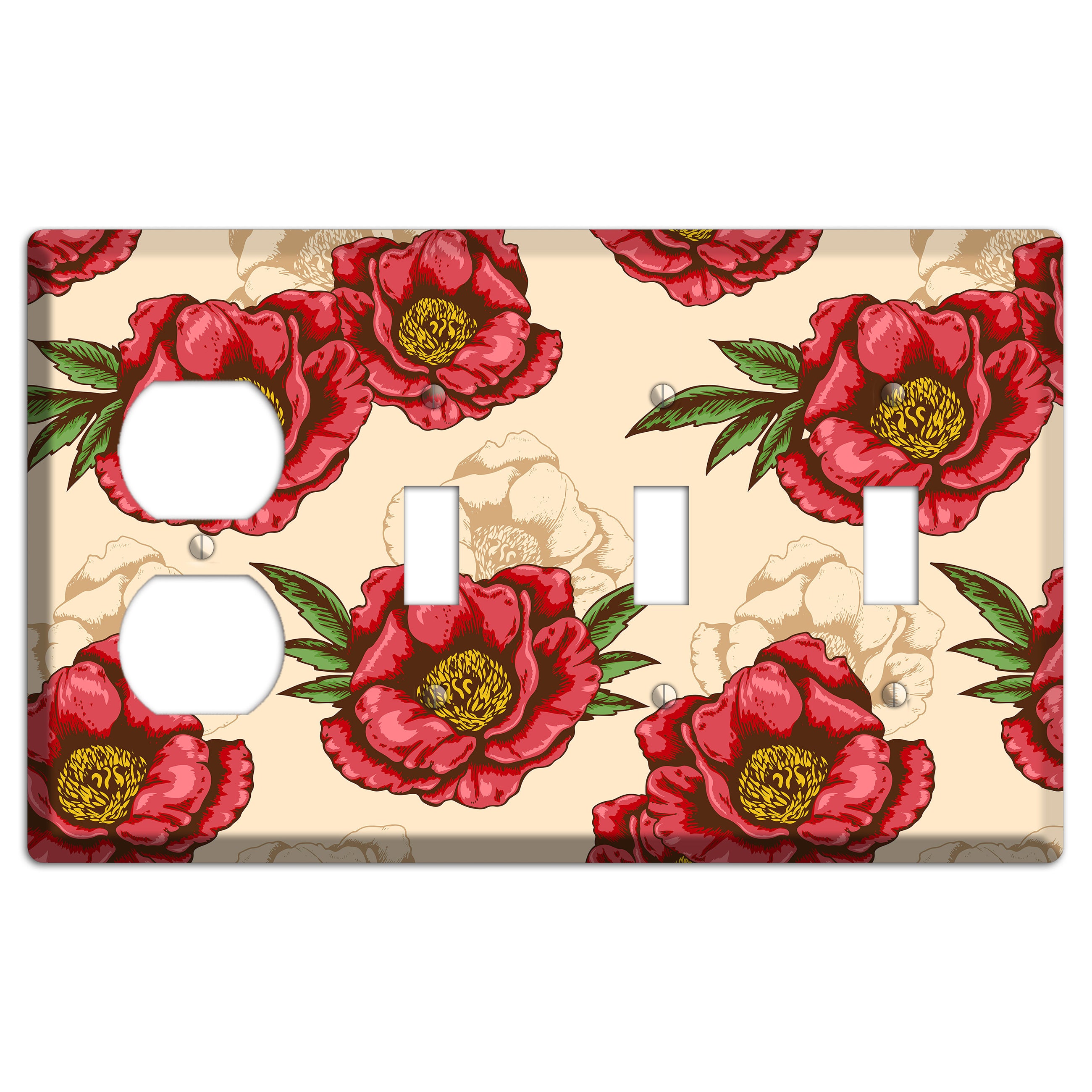 Red Peony Style A Duplex / 3 Toggle Wallplate