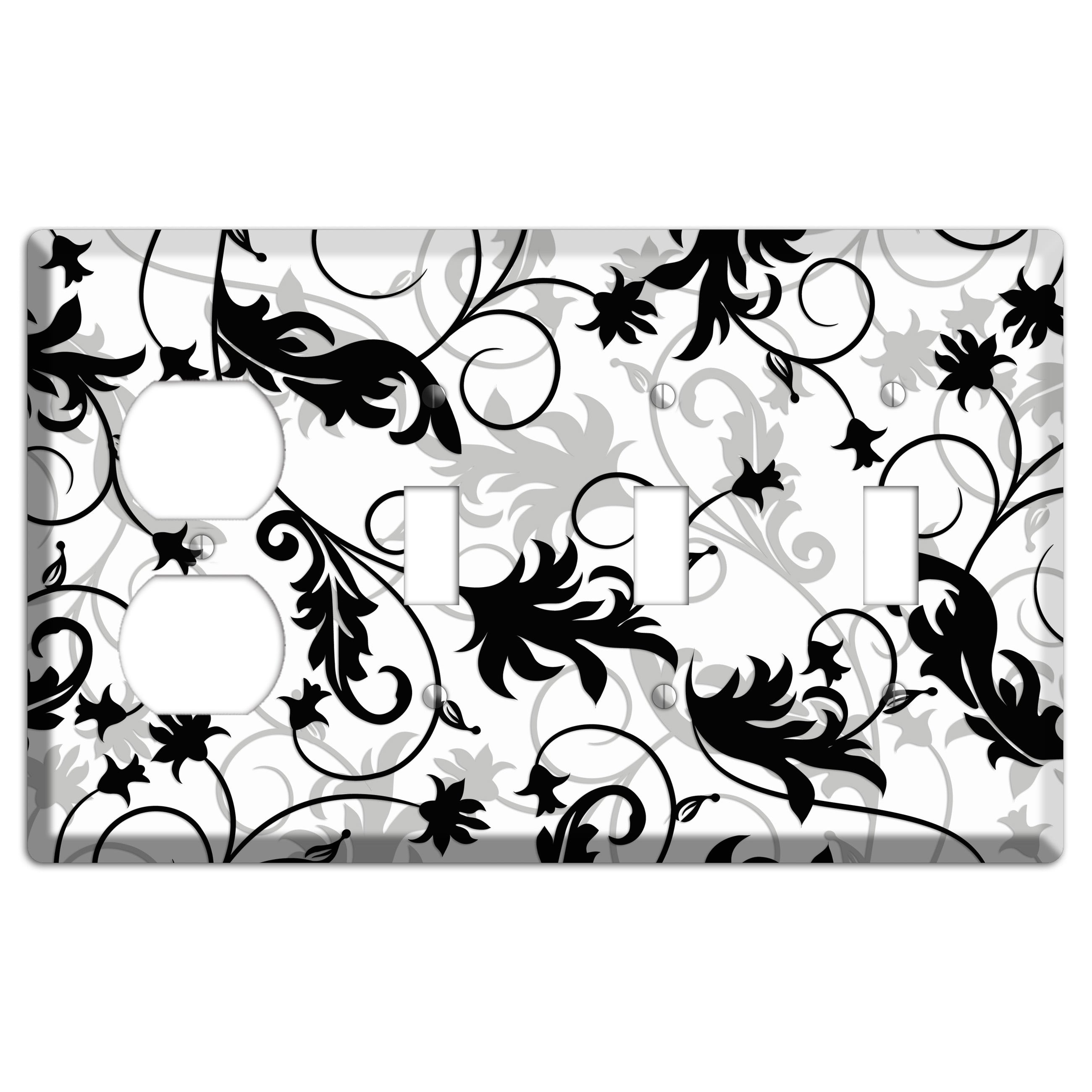 Black White and Grey Victorian Sprig Duplex / 3 Toggle Wallplate