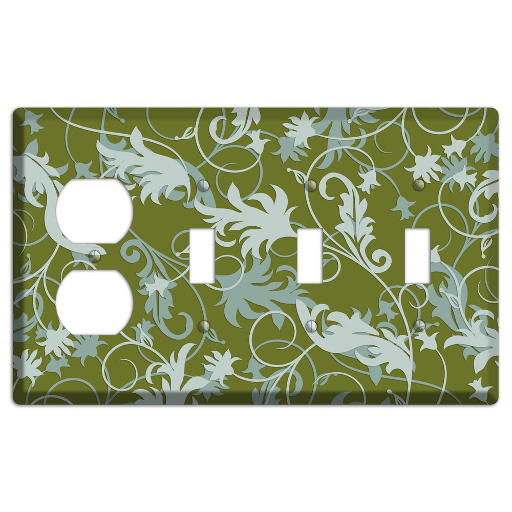 Green and Beige Victorian Sprig Duplex / 3 Toggle Wallplate