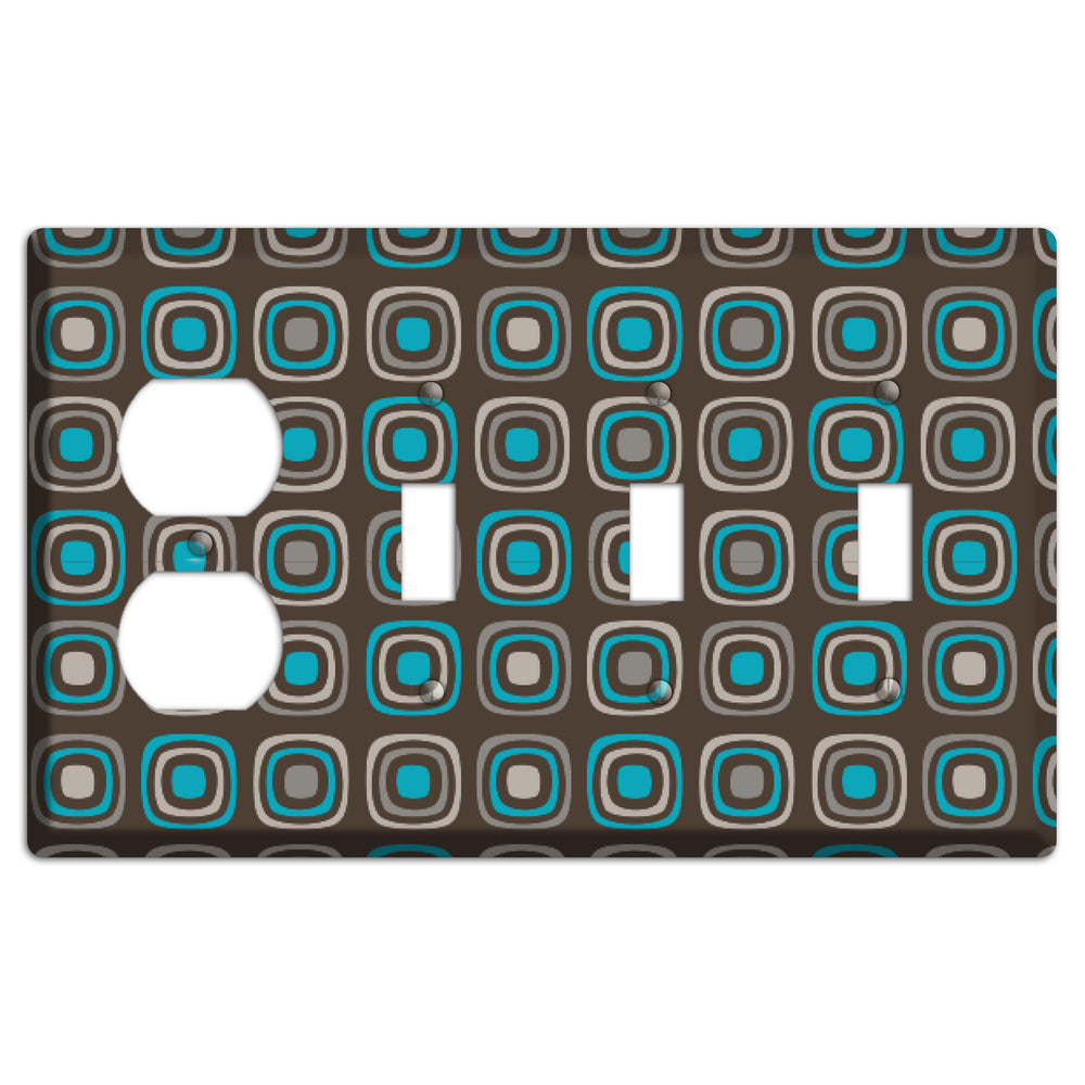 Multi Brown and Turquoise Retro Squares Duplex / 3 Toggle Wallplate