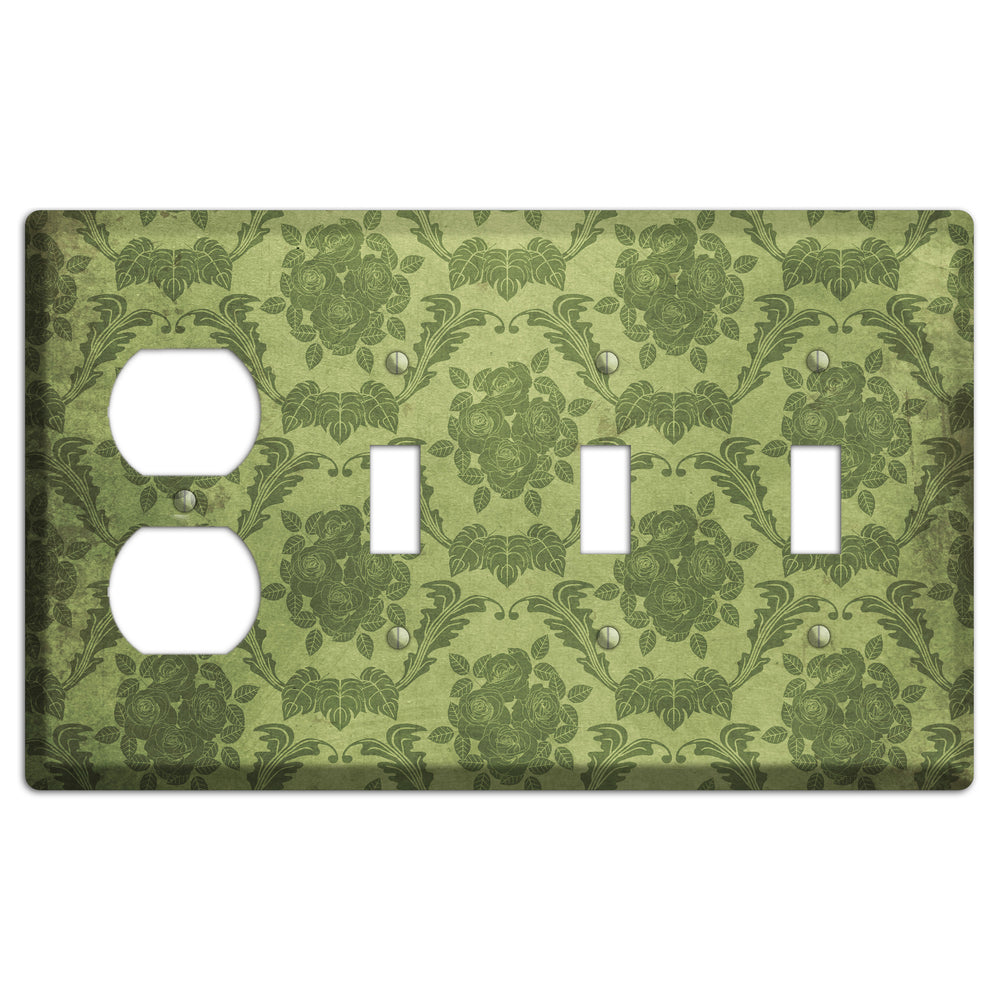 Green Smoke Vintage Rose Damask Duplex / 3 Toggle Wallplate