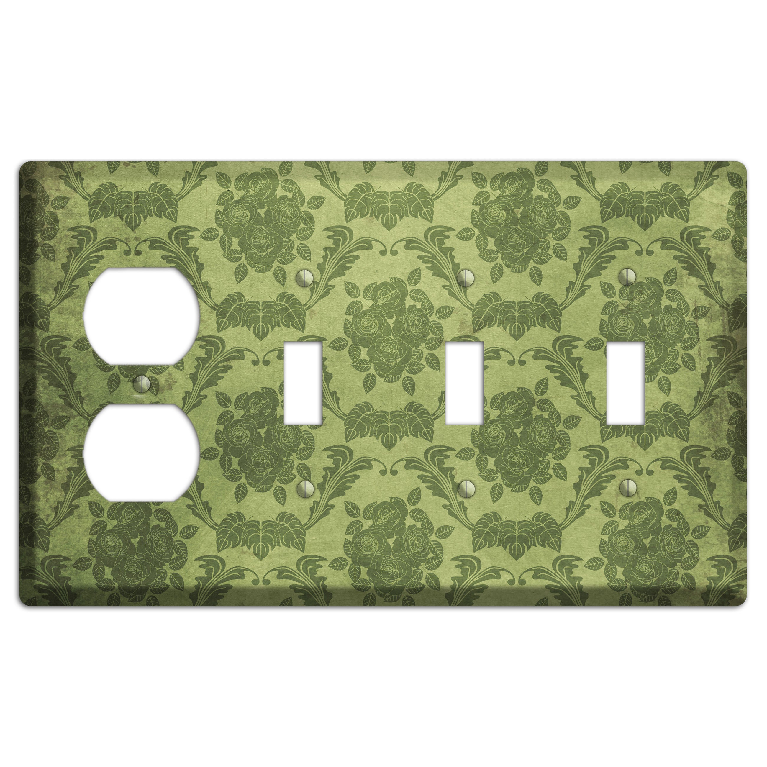 Green Smoke Vintage Rose Damask Duplex / 3 Toggle Wallplate