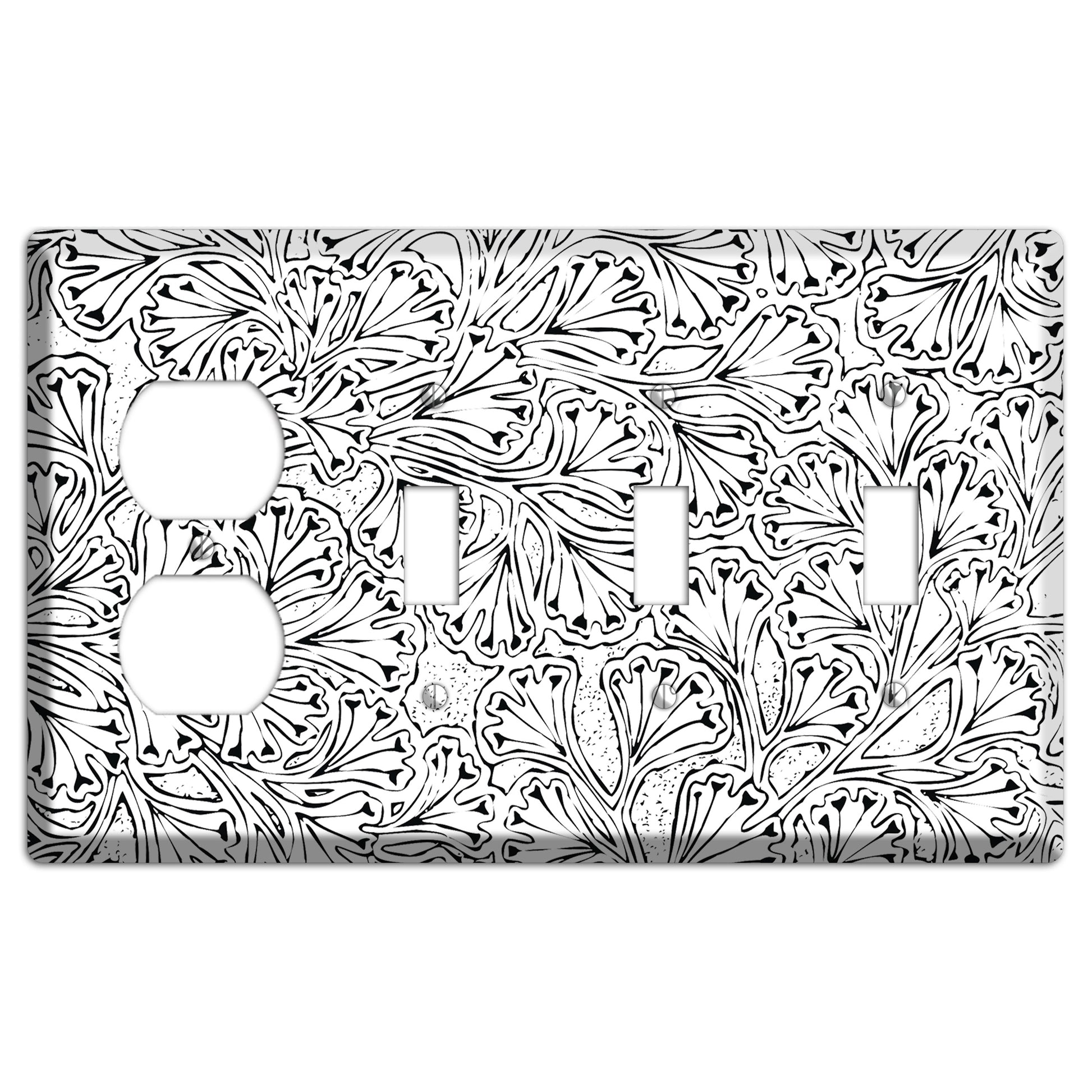 Deco White with Black Interlocking Floral Duplex / 3 Toggle Wallplate