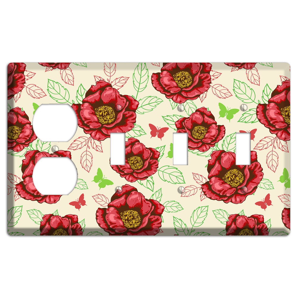 Red Peony Style B Duplex / 3 Toggle Wallplate