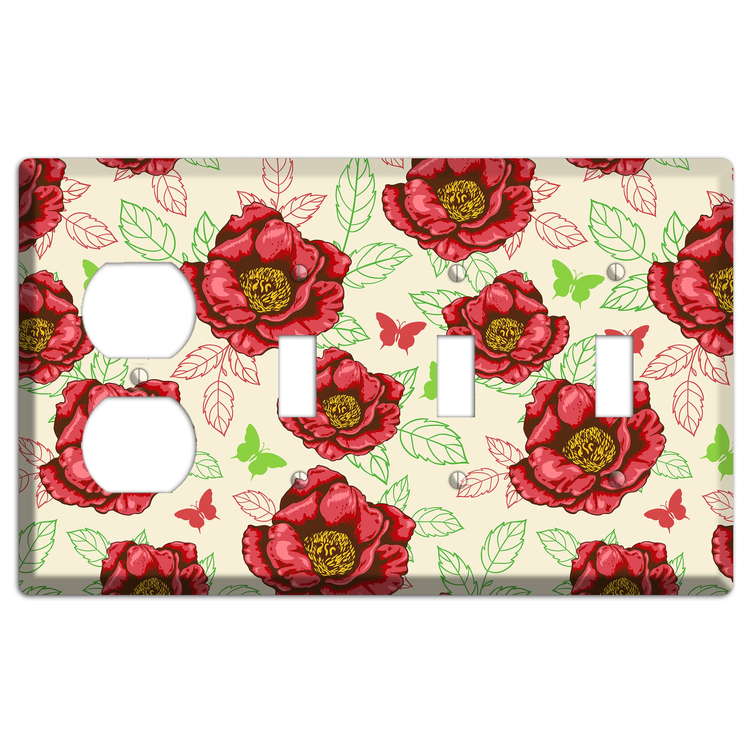 Red Peony Style B Duplex / 3 Toggle Wallplate