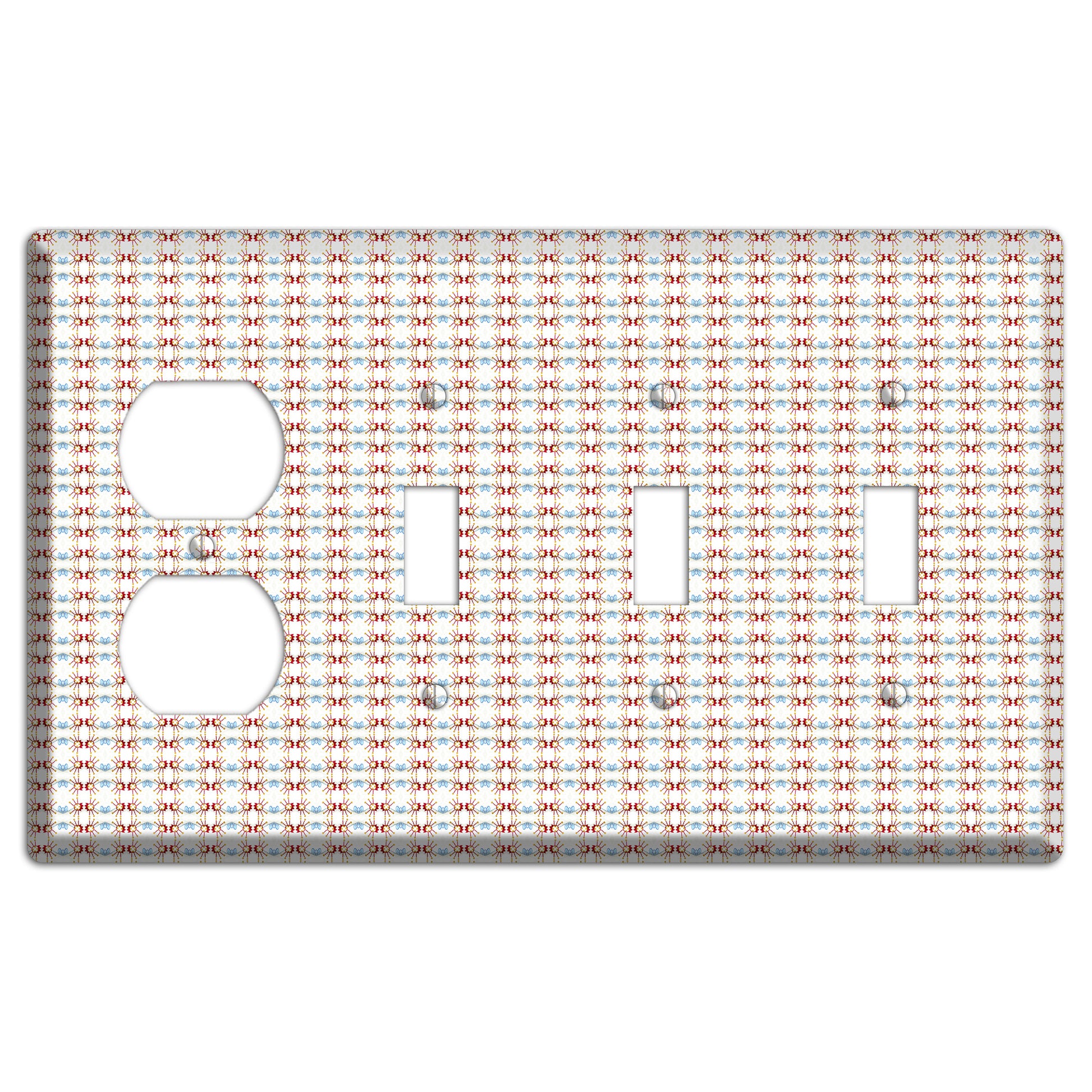 Off White with Red Blue Retro Tapestry Duplex / 3 Toggle Wallplate