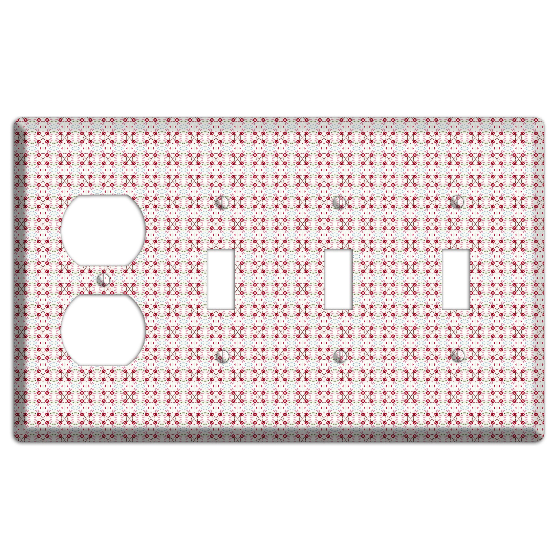 White with Red Ball and Stick Tapestry Duplex / 3 Toggle Wallplate