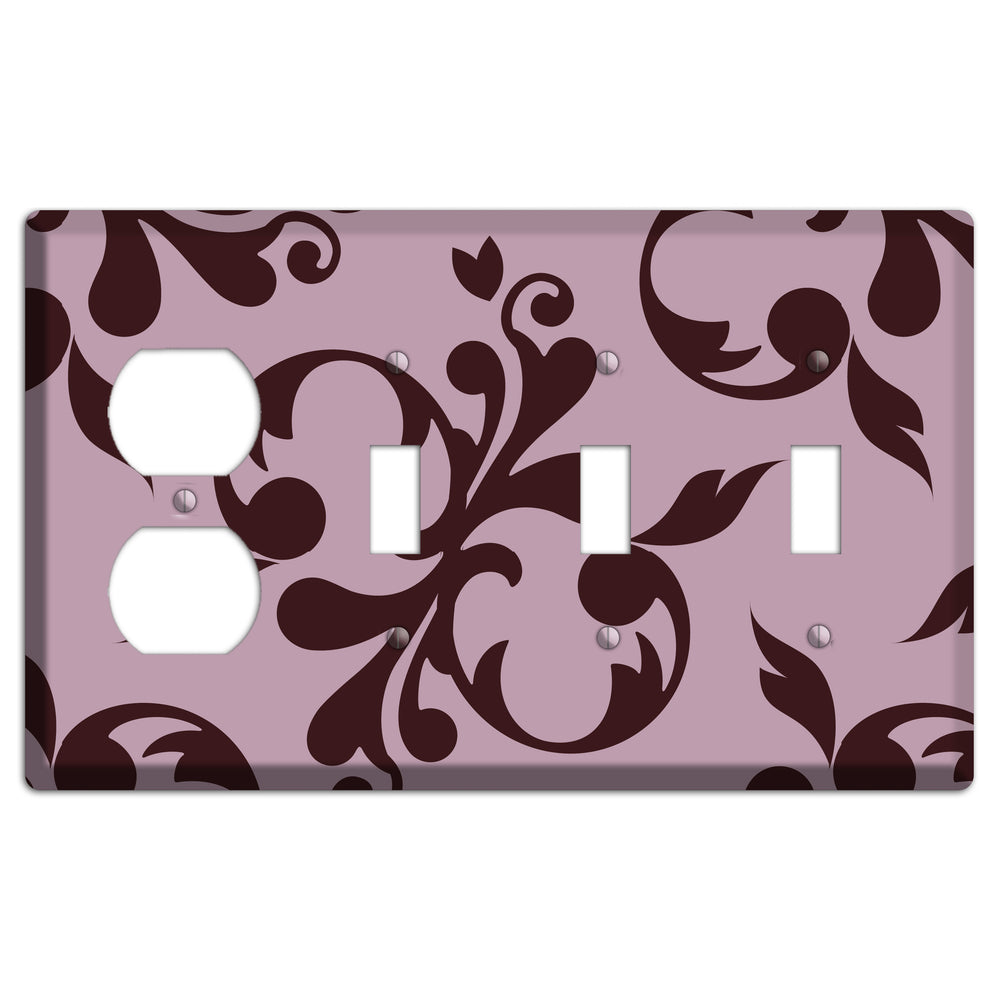 Dusty Rose and Burgundy Toile Duplex / 3 Toggle Wallplate