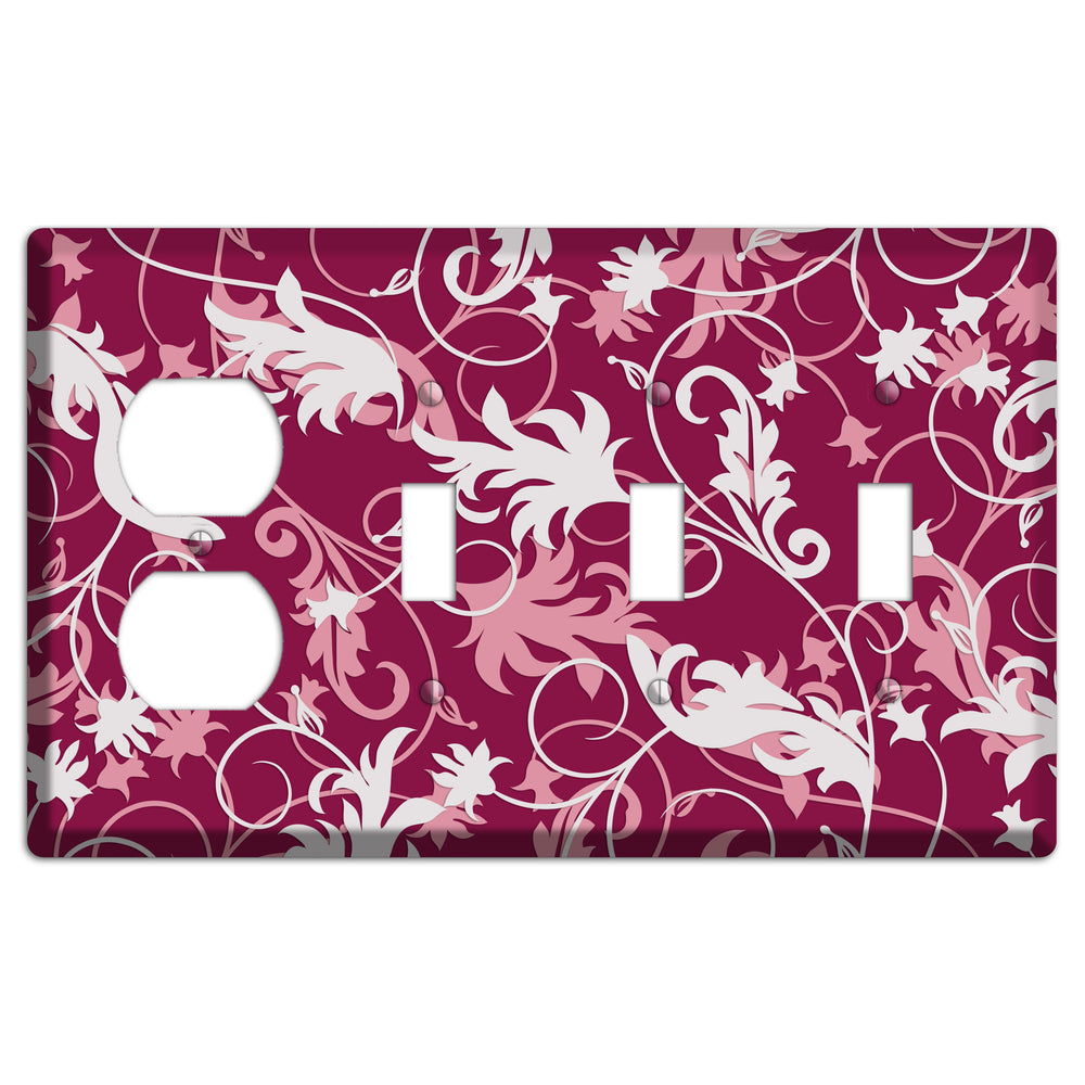 Fuschia and Pink Victorian Sprig Duplex / 3 Toggle Wallplate