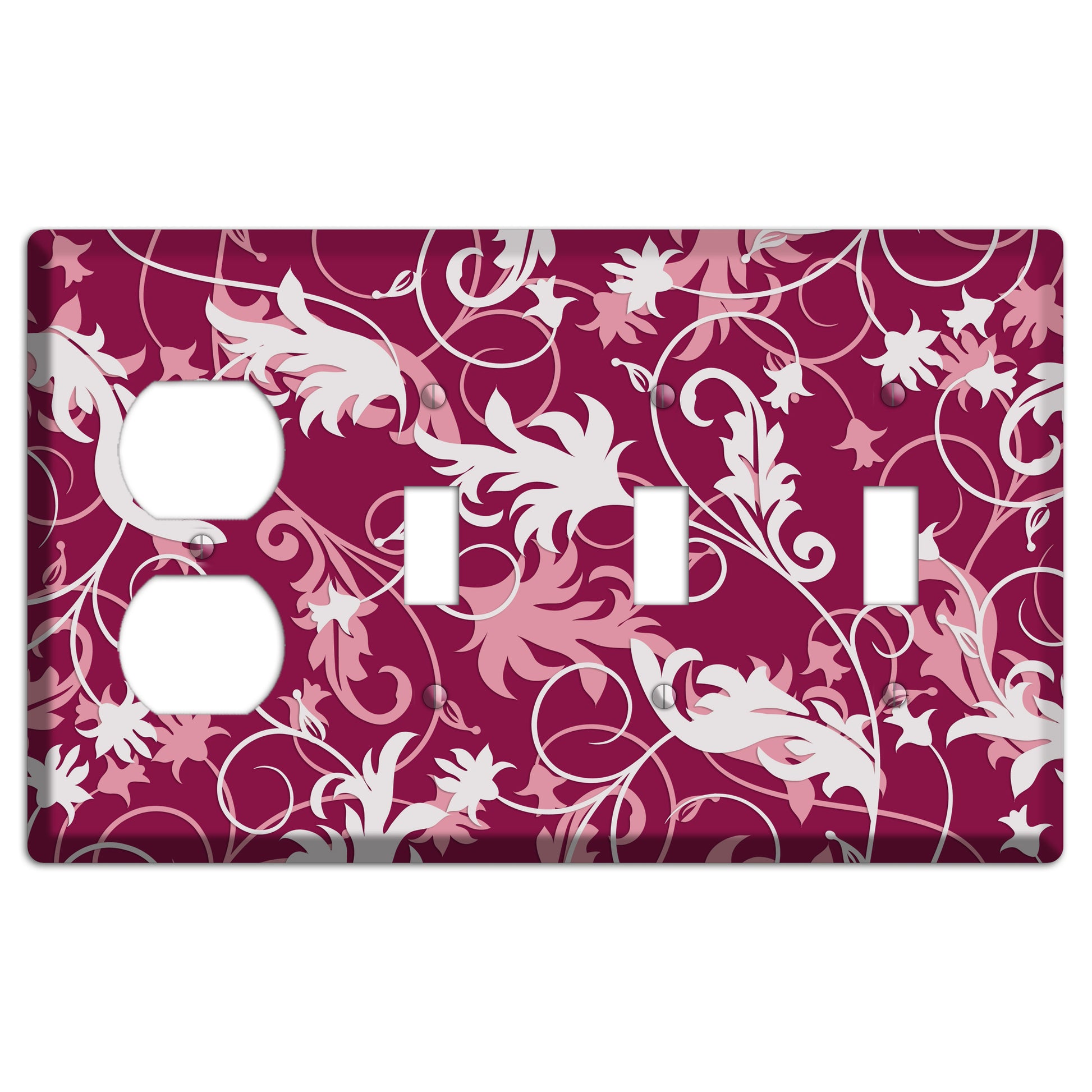 Fuschia and Pink Victorian Sprig Duplex / 3 Toggle Wallplate