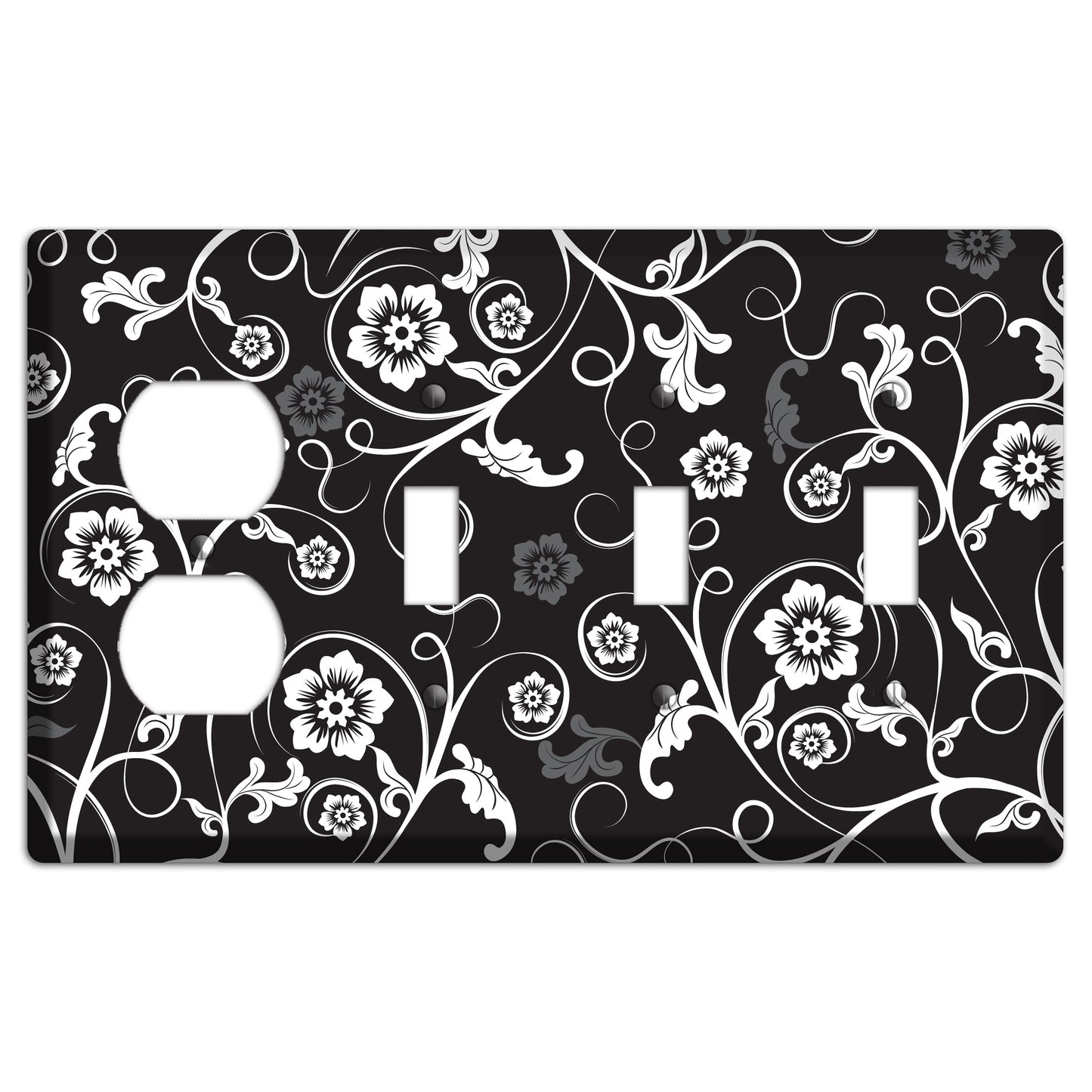 Black with White Flower Sprig Duplex / 3 Toggle Wallplate