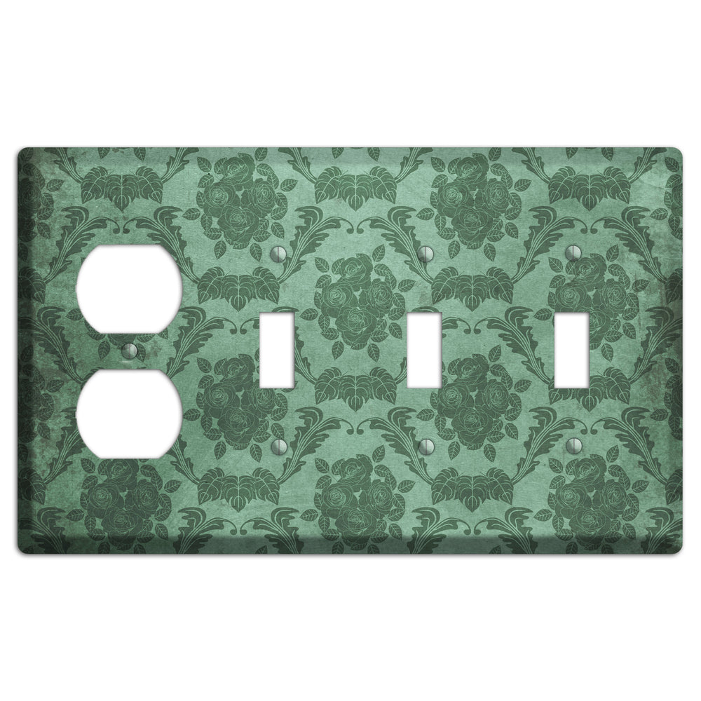 Viridian Green Vintage Rose Damask Duplex / 3 Toggle Wallplate