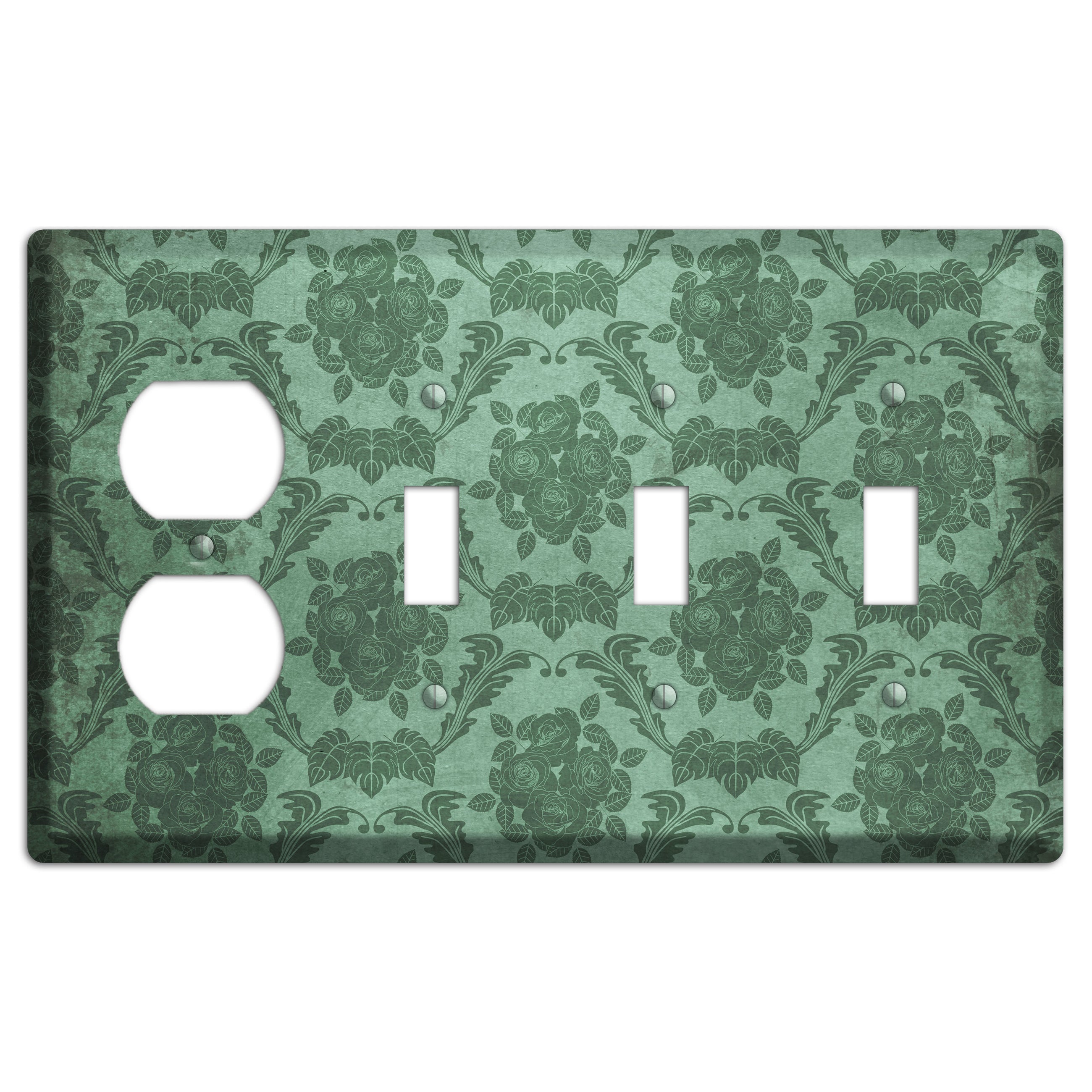 Viridian Green Vintage Rose Damask Duplex / 3 Toggle Wallplate