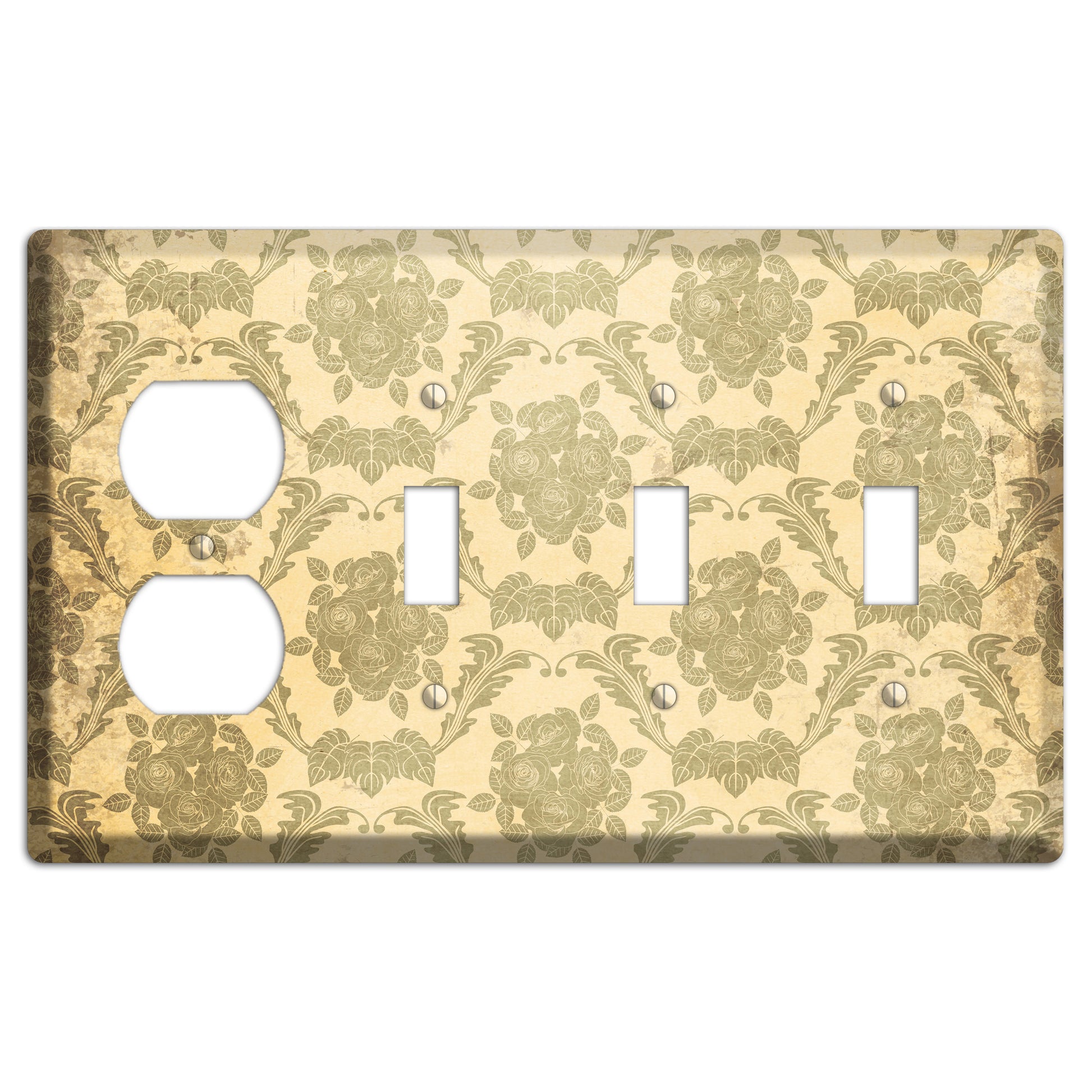 Straw Vintage Rose Damask Duplex / 3 Toggle Wallplate