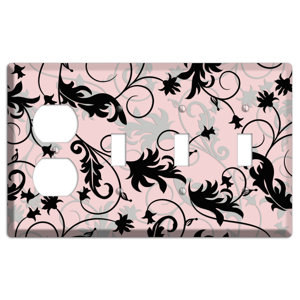 Dusty Pink Grey Black Victorian Sprig Duplex / 3 Toggle Wallplate