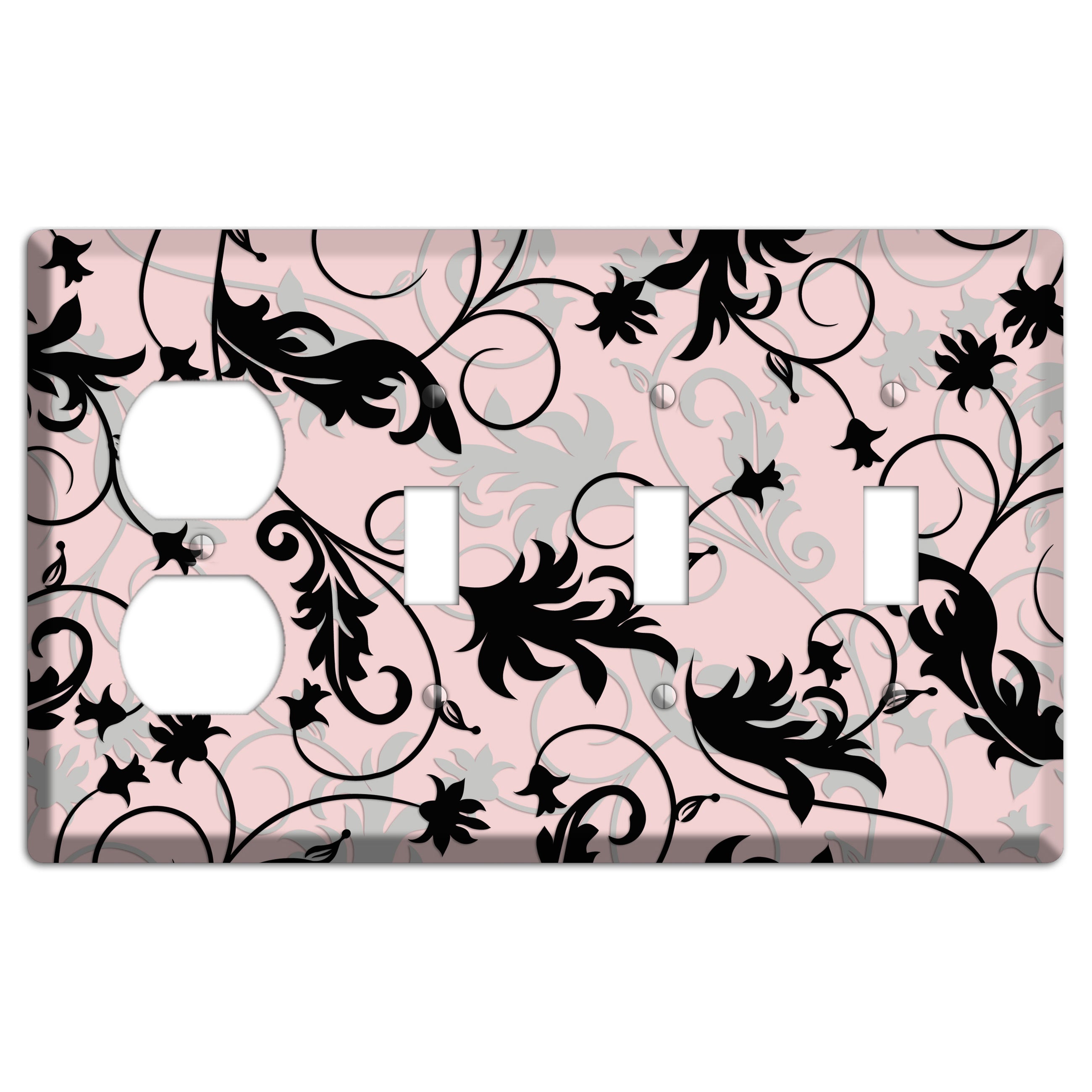 Dusty Pink Grey Black Victorian Sprig Duplex / 3 Toggle Wallplate