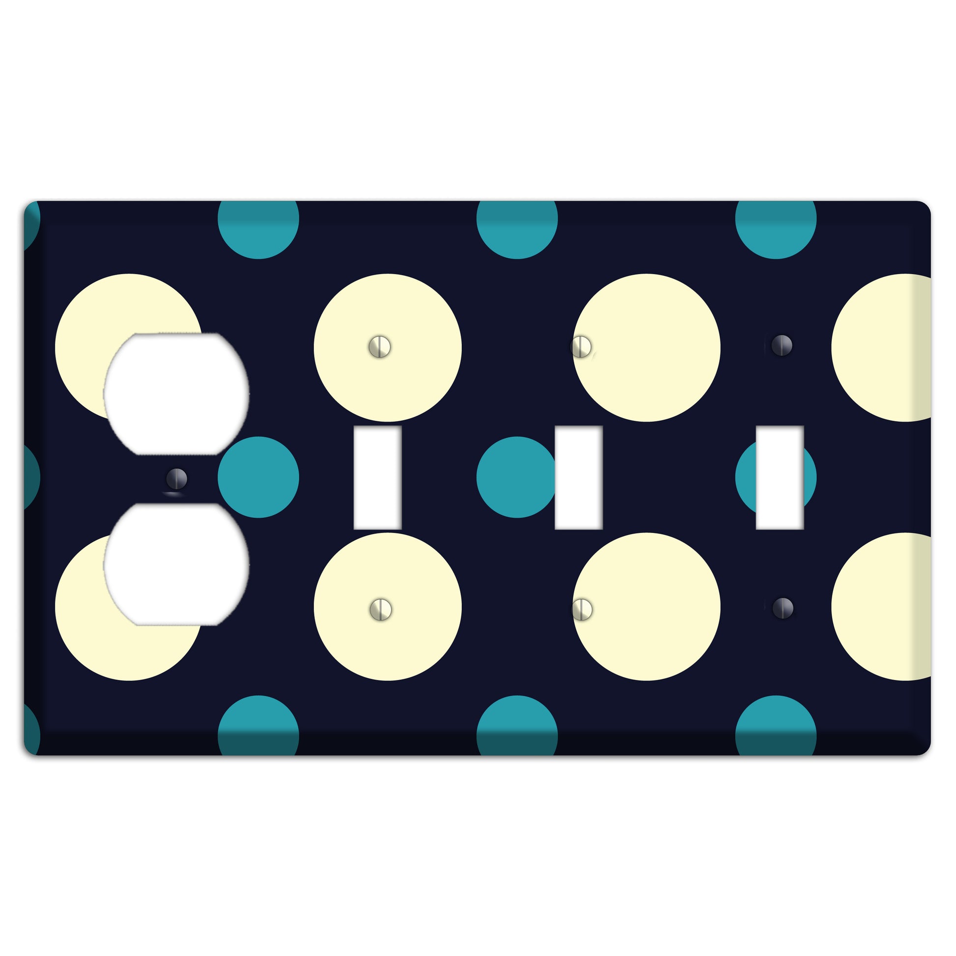 Black with Yellow and Teal Multi Medium Polka Dots Duplex / 3 Toggle Wallplate