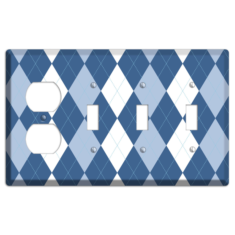 Blue Argyle Duplex / 3 Toggle Wallplate