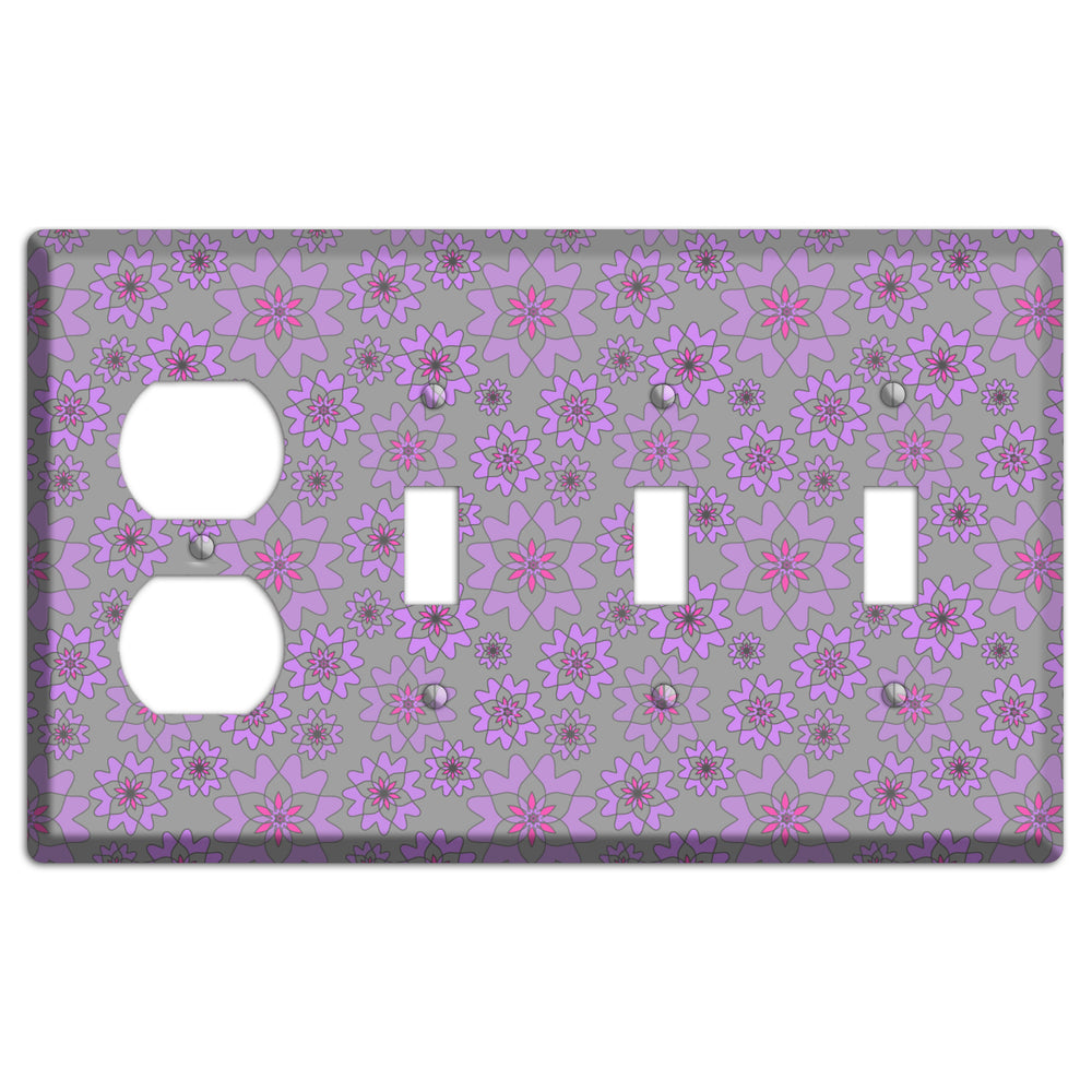 Grey with Purple Retro Suzani Duplex / 3 Toggle Wallplate