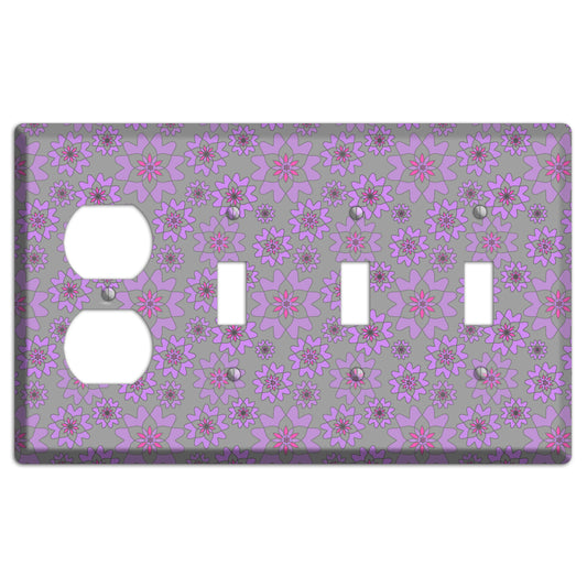 Grey with Purple Retro Suzani Duplex / 3 Toggle Wallplate
