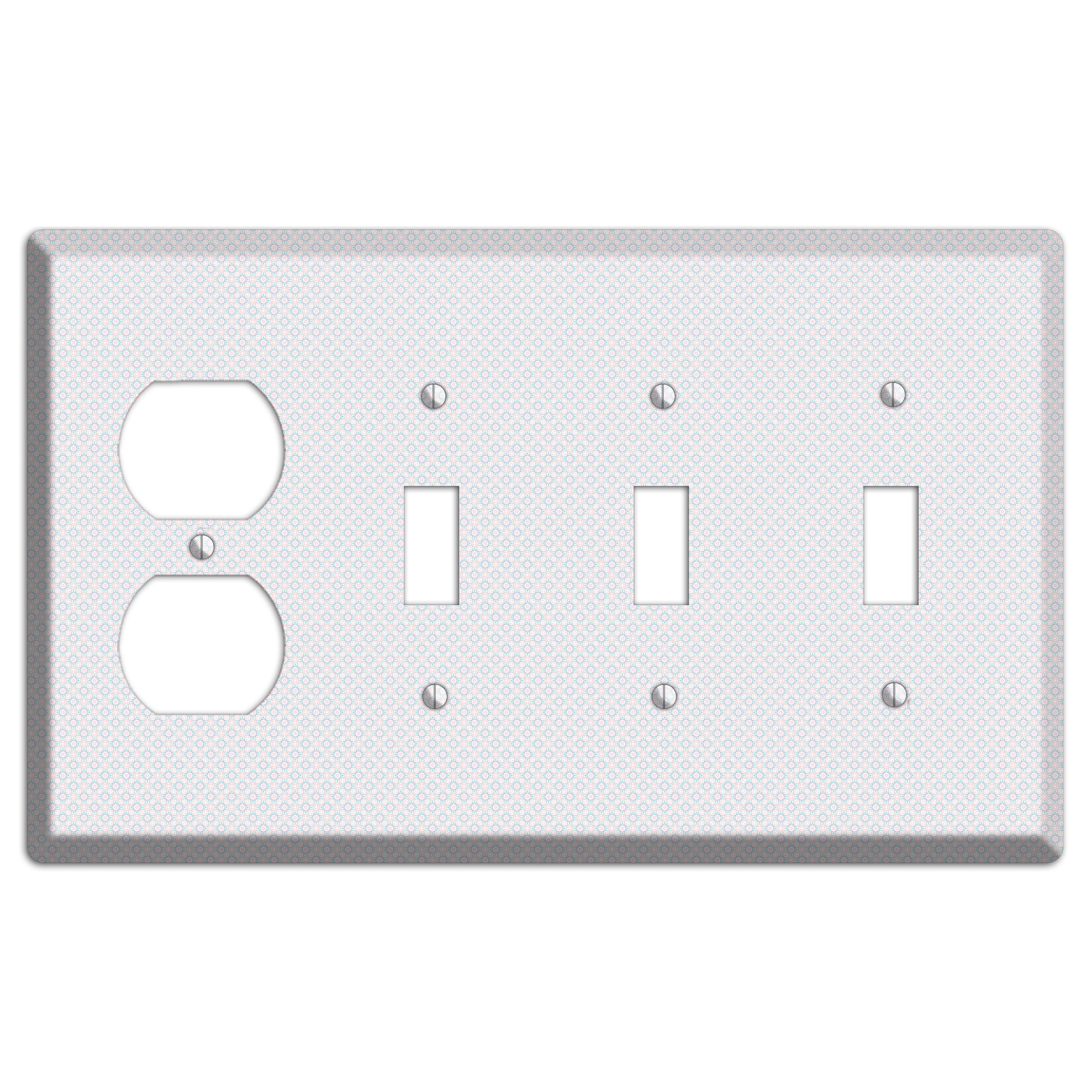 White with Light Blue Tiny Arabesque Duplex / 3 Toggle Wallplate