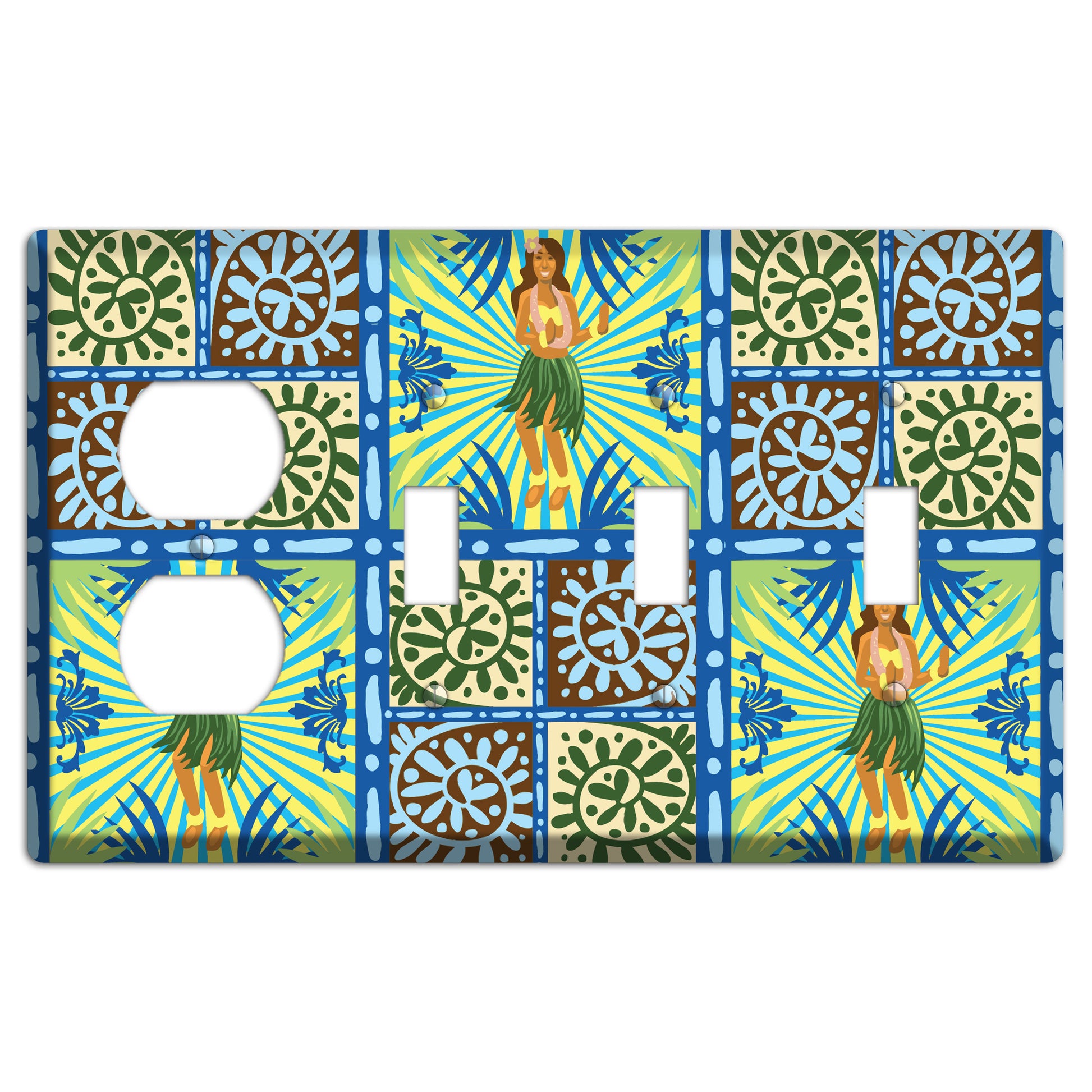 Blue and Green Hula Duplex / 3 Toggle Wallplate