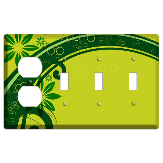 Green Retro Floral Duplex / 3 Toggle Wallplate