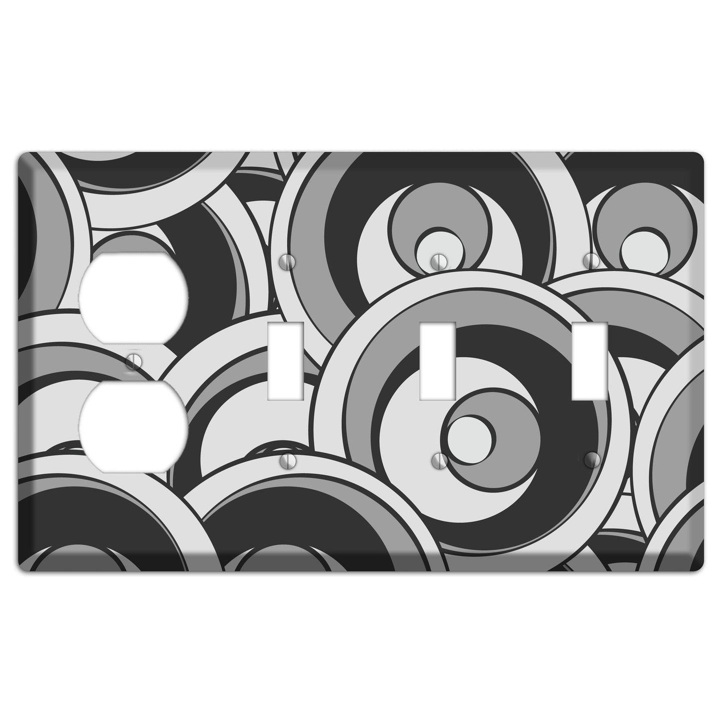 Black and Grey Deco Circles Duplex / 3 Toggle Wallplate