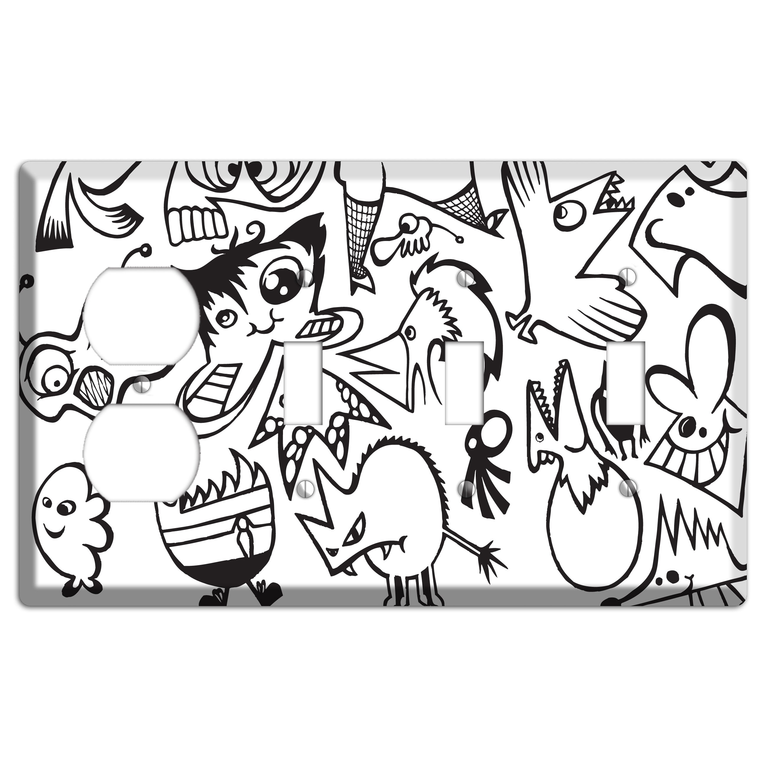 Black and White Whimsical Faces 3 Duplex / 3 Toggle Wallplate