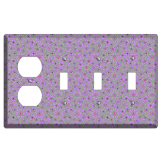 Grey with Tiny Purple Retro Suzani Duplex / 3 Toggle Wallplate
