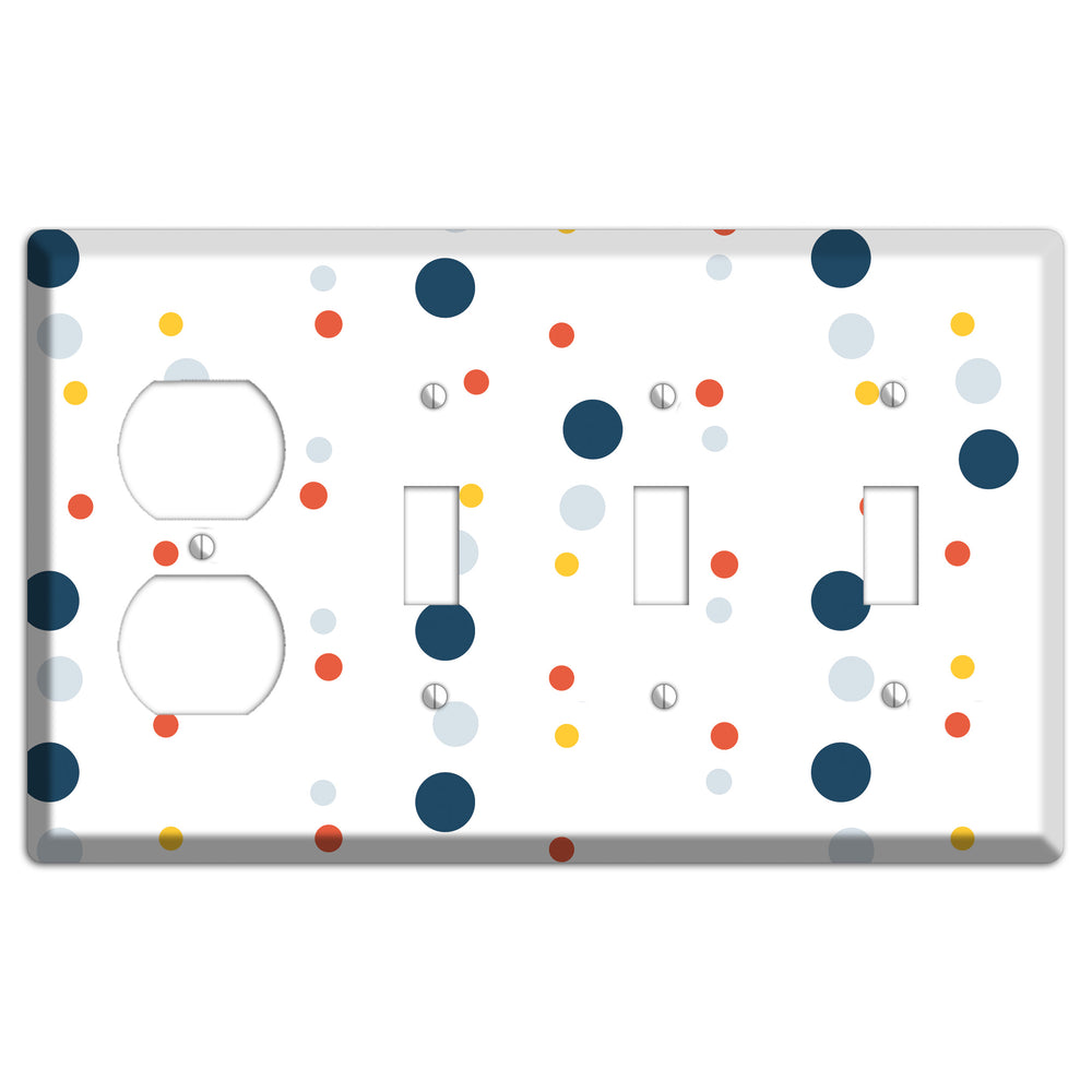 White with Multi Blue and Umber Medium Dots Duplex / 3 Toggle Wallplate