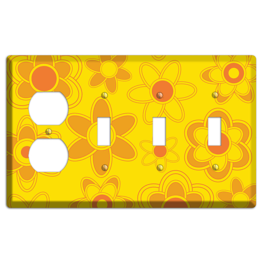Yellow with Orange Retro Floral Contour Duplex / 3 Toggle Wallplate