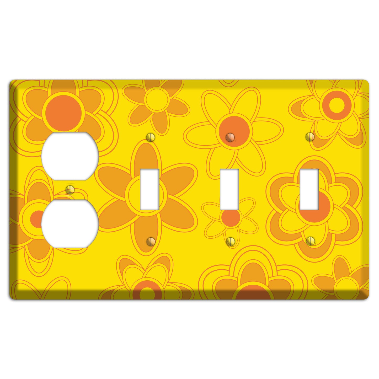 Yellow with Orange Retro Floral Contour Duplex / 3 Toggle Wallplate