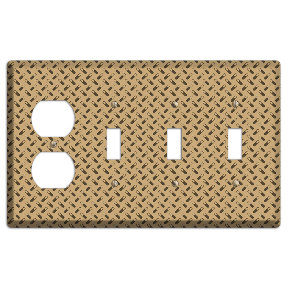 Beige with Brown Motif Duplex / 3 Toggle Wallplate