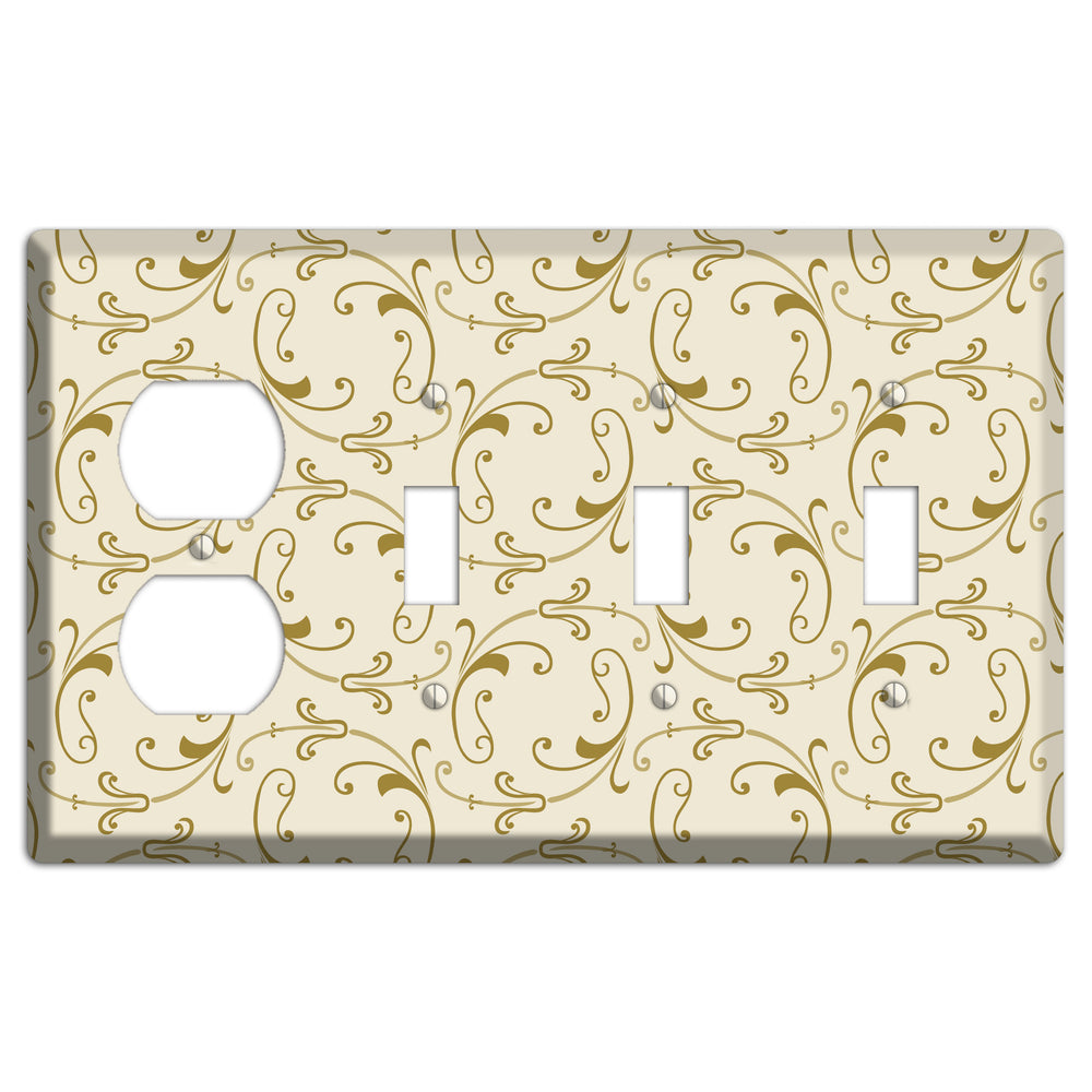 Off White with Gold Victorian Sprig Duplex / 3 Toggle Wallplate