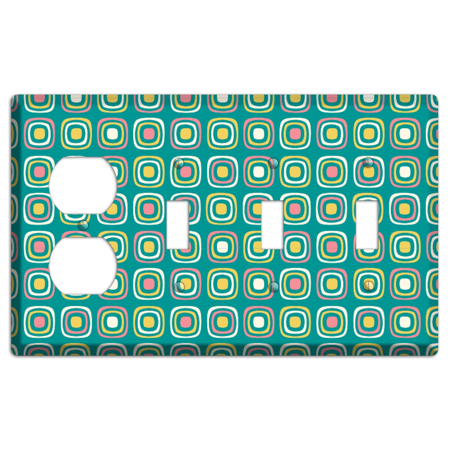 Mulri Teal Coral Lime Retro Squares Duplex / 3 Toggle Wallplate