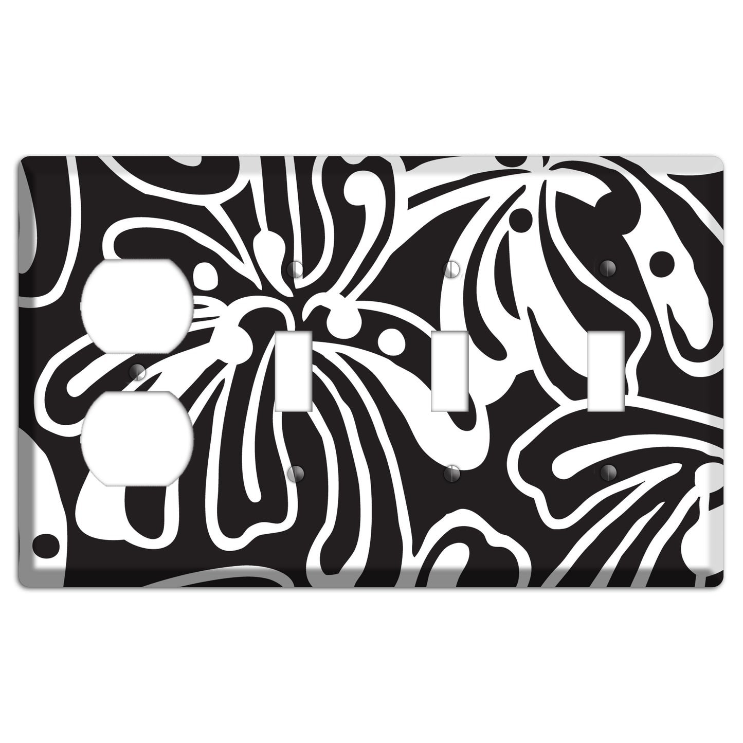 Black with White Flower Duplex / 3 Toggle Wallplate