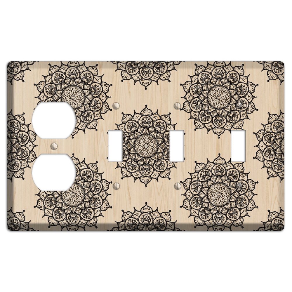 Mandala Black and White Style S Wood Lasered Duplex / 3 Toggle Wallplate