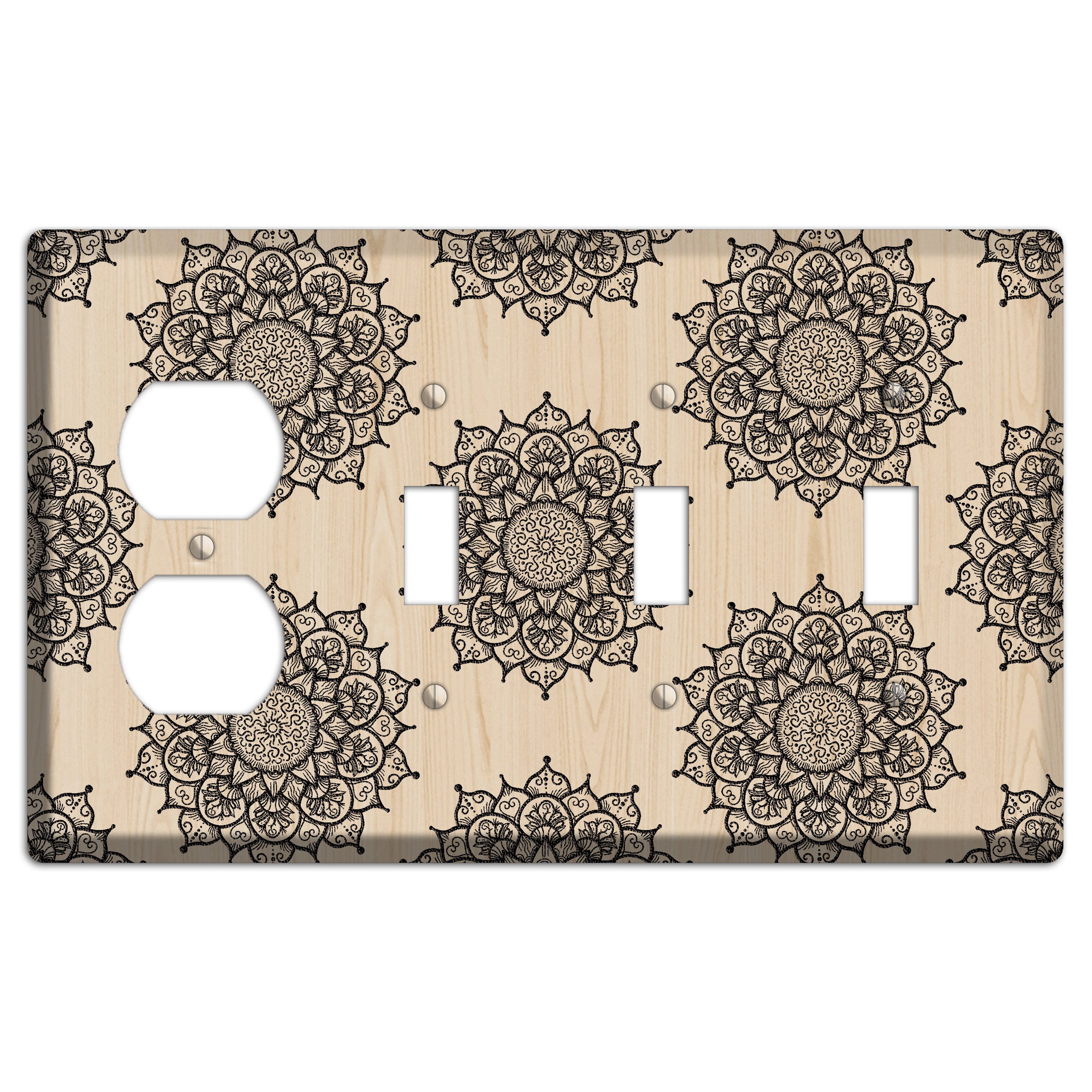 Mandala Black and White Style S Wood Lasered Duplex / 3 Toggle Wallplate