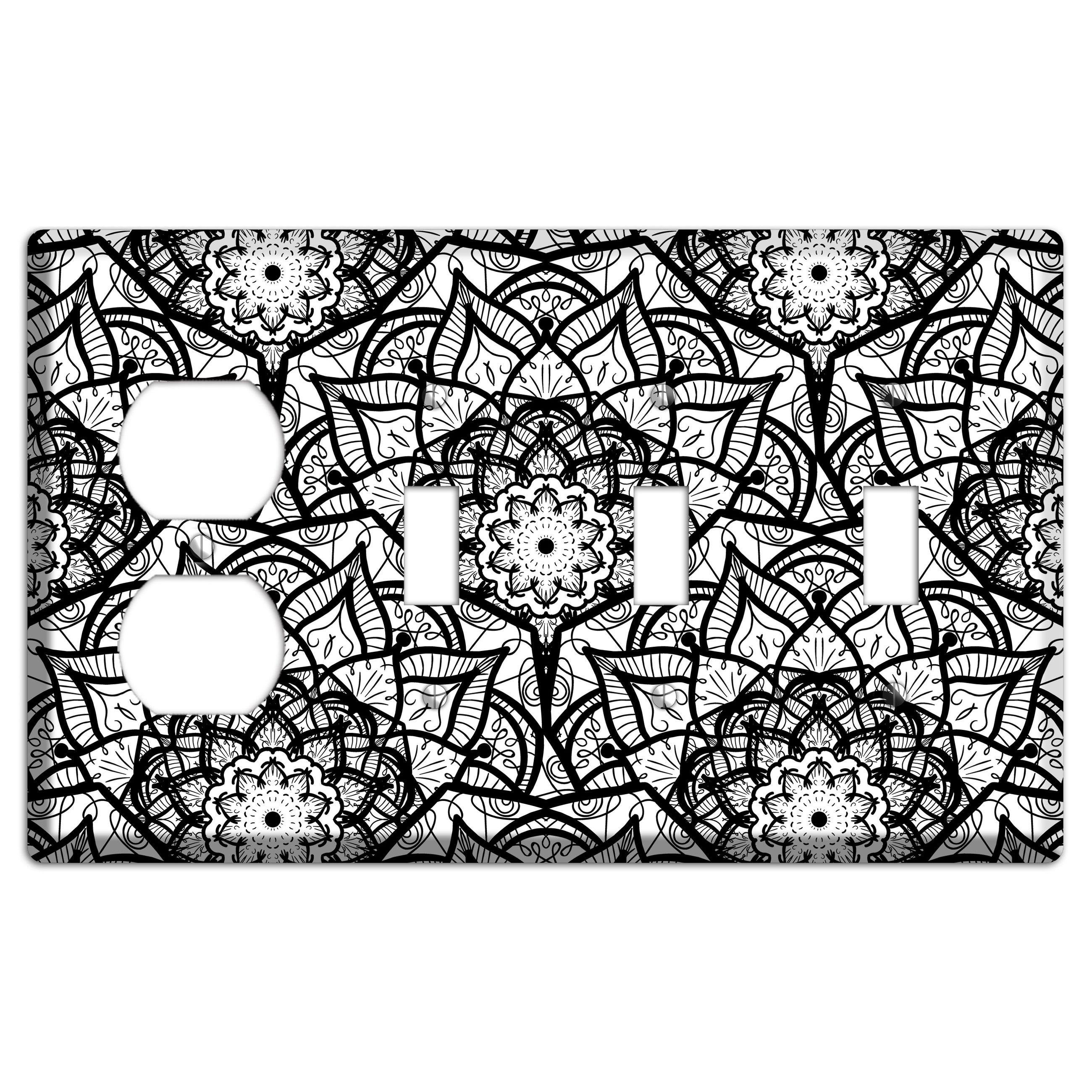 Mandala Black and White Style U Cover Plates Duplex / 3 Toggle Wallplate