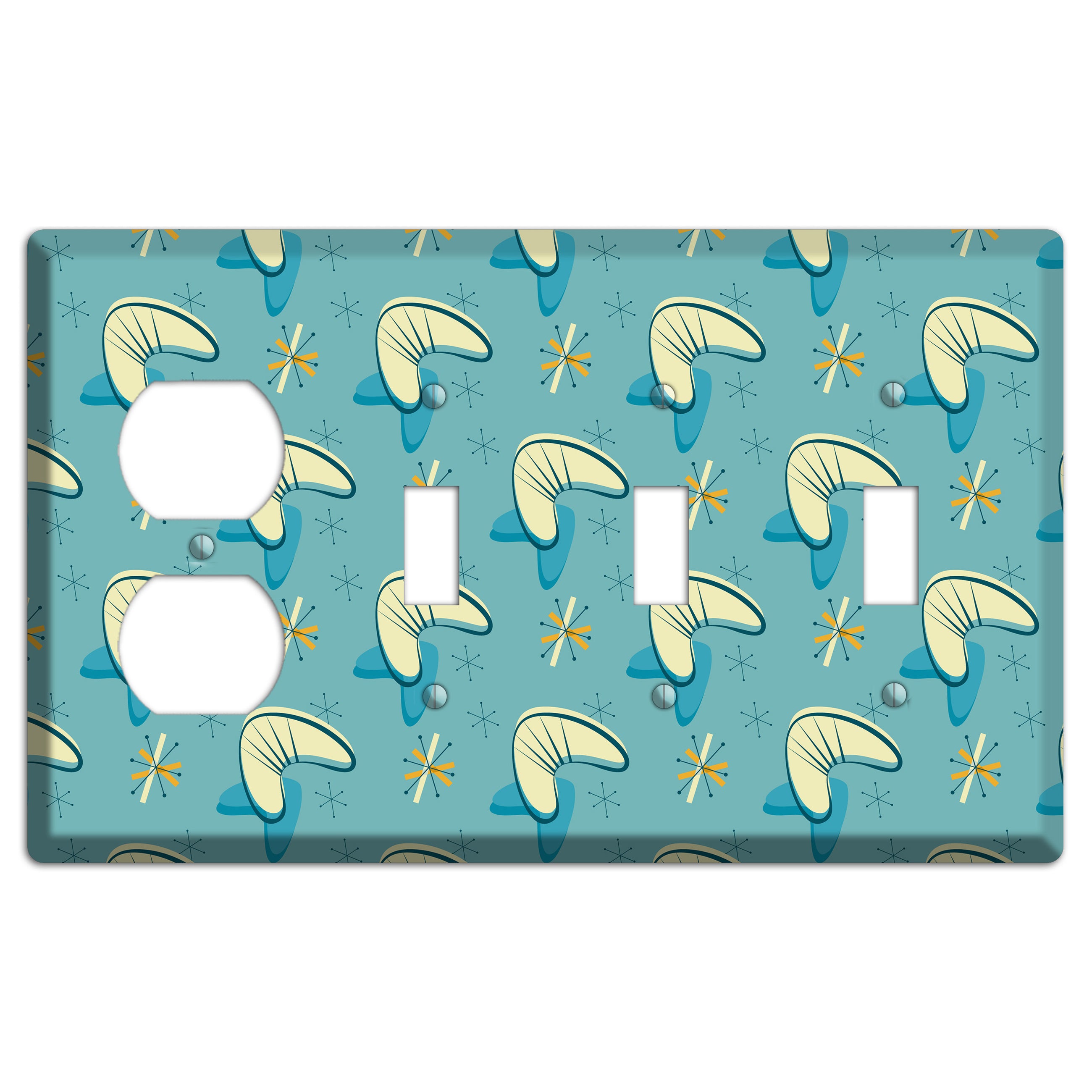 Yellow and Blue Boomerang Duplex / 3 Toggle Wallplate