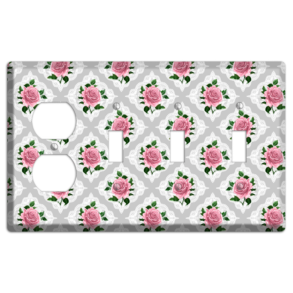 Gray Rose Doily Duplex / 3 Toggle Wallplate