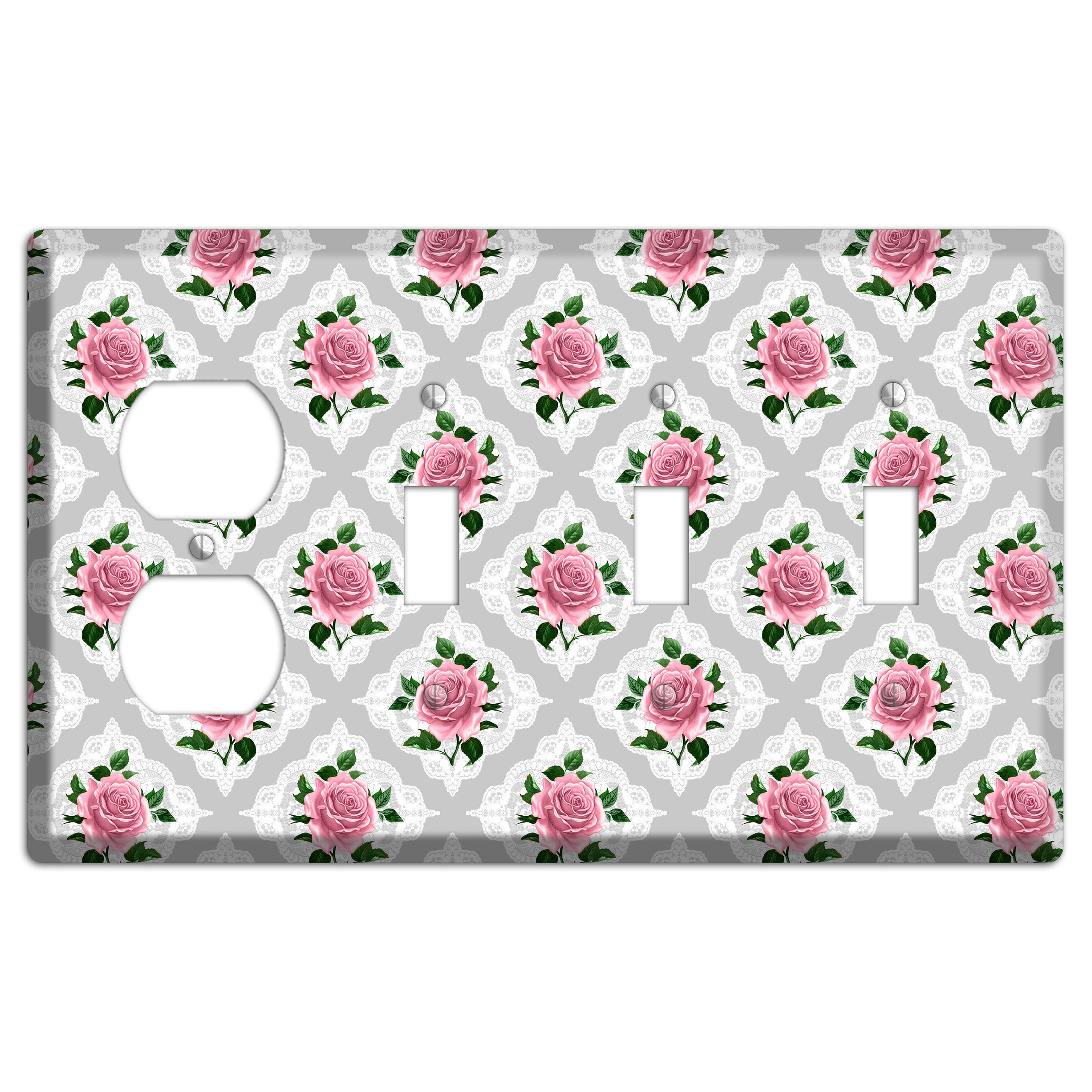 Gray Rose Doily Duplex / 3 Toggle Wallplate